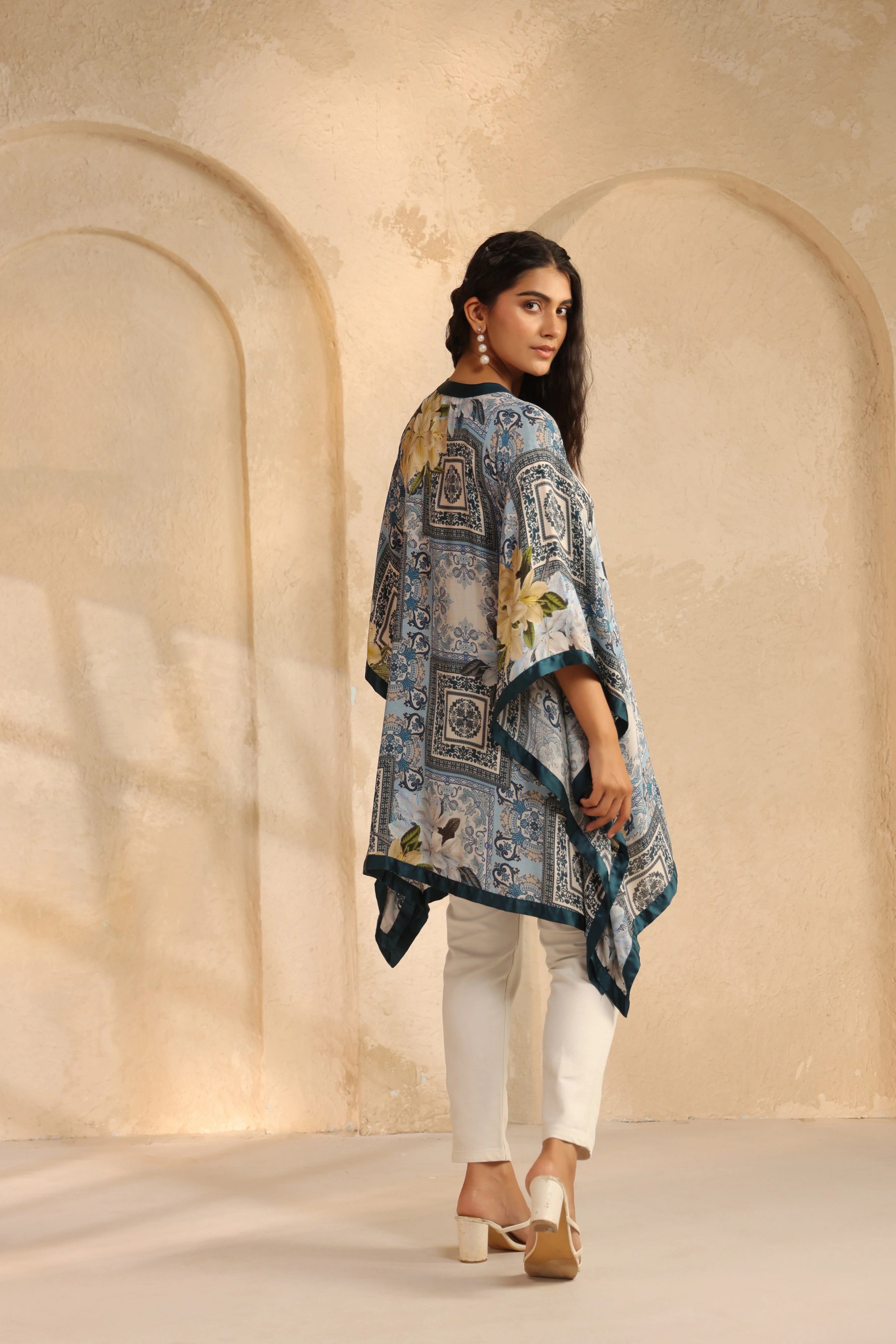 Deep Teal Printed Viscose Crepe Kaftan Top - Image 5