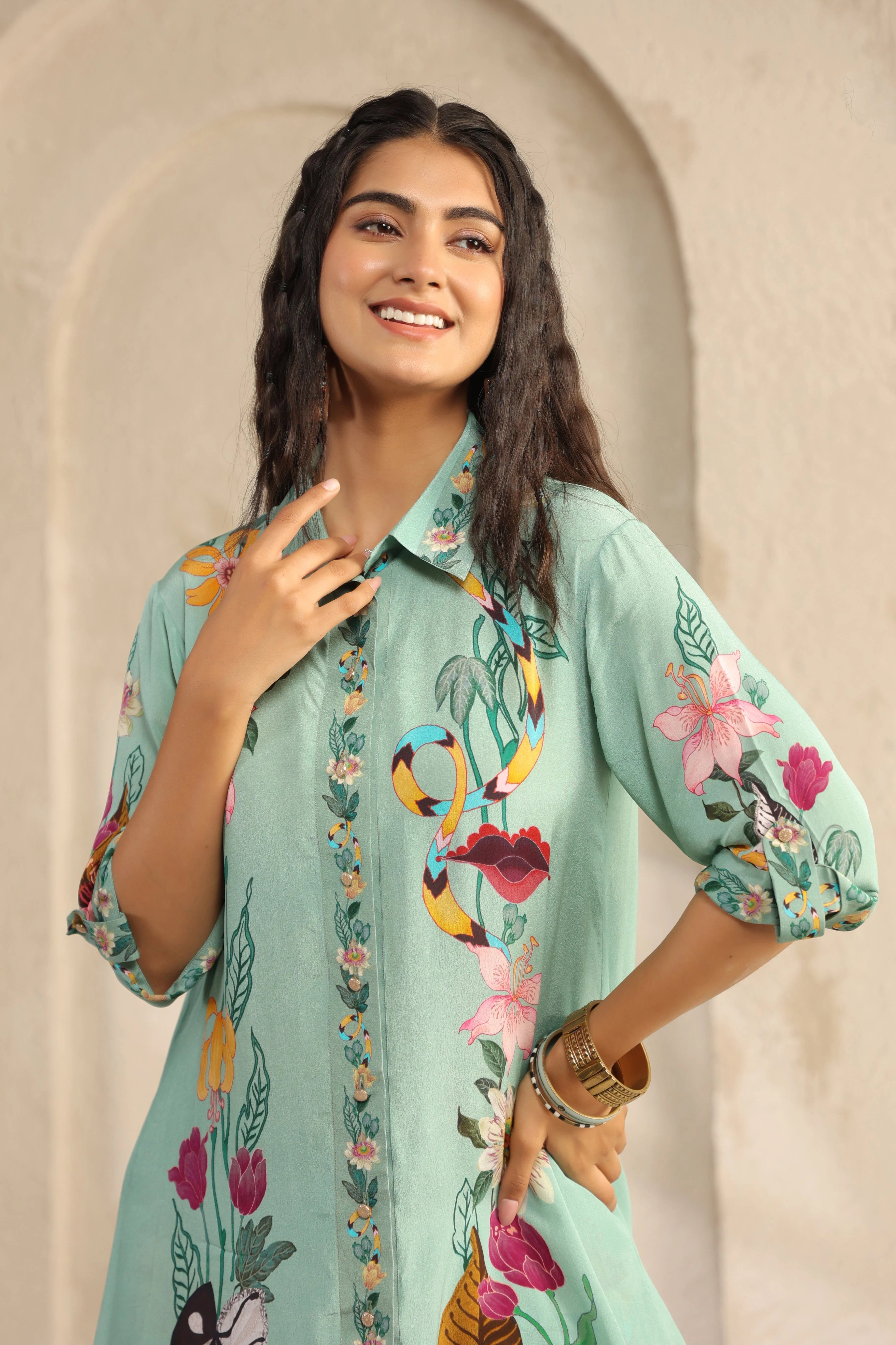 Seafoam Green Printed Viscose Crepe Co-Ord Set - Image 2