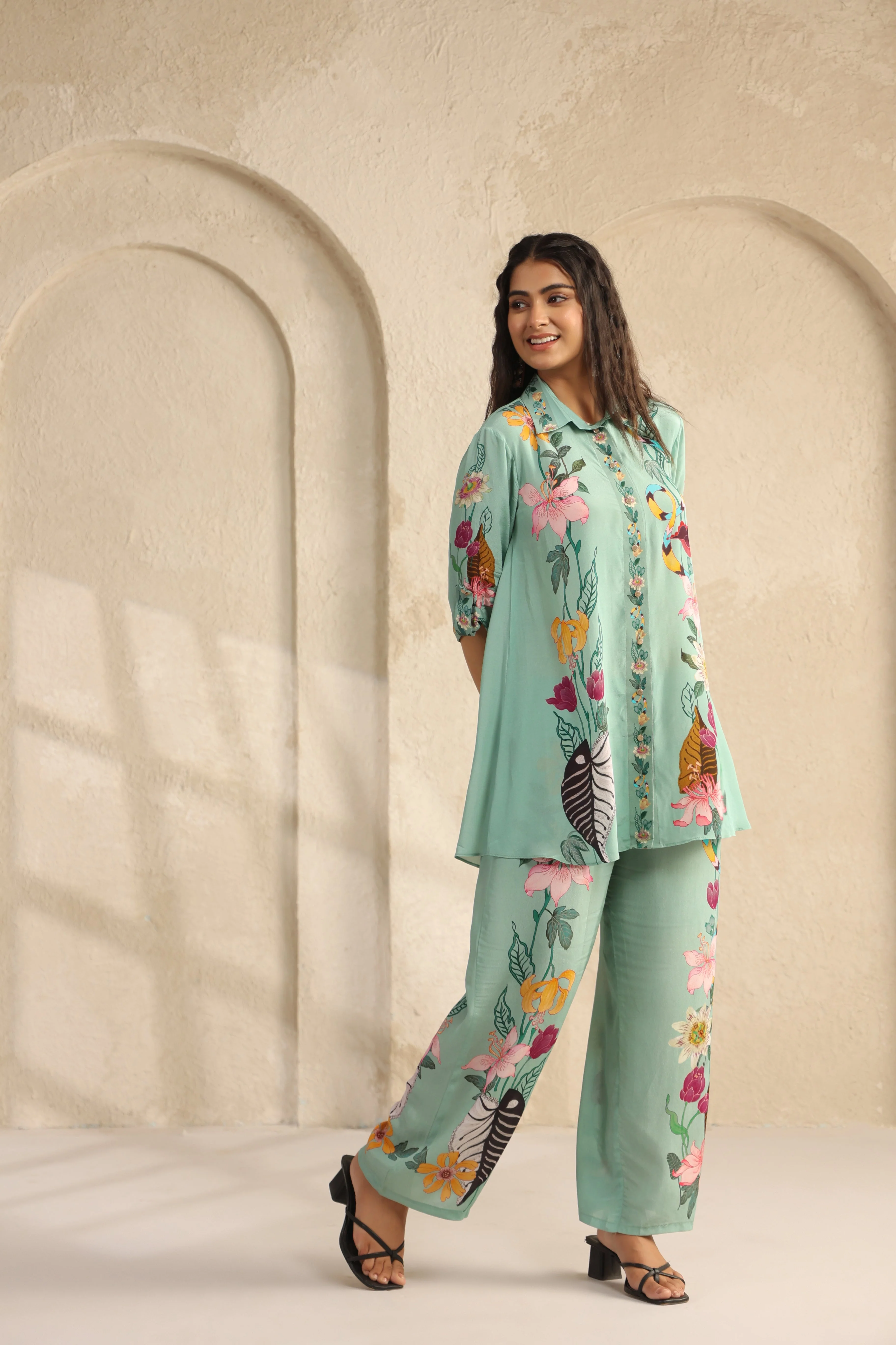 Seafoam Green Printed Viscose Crepe Co-Ord Set - Image 3