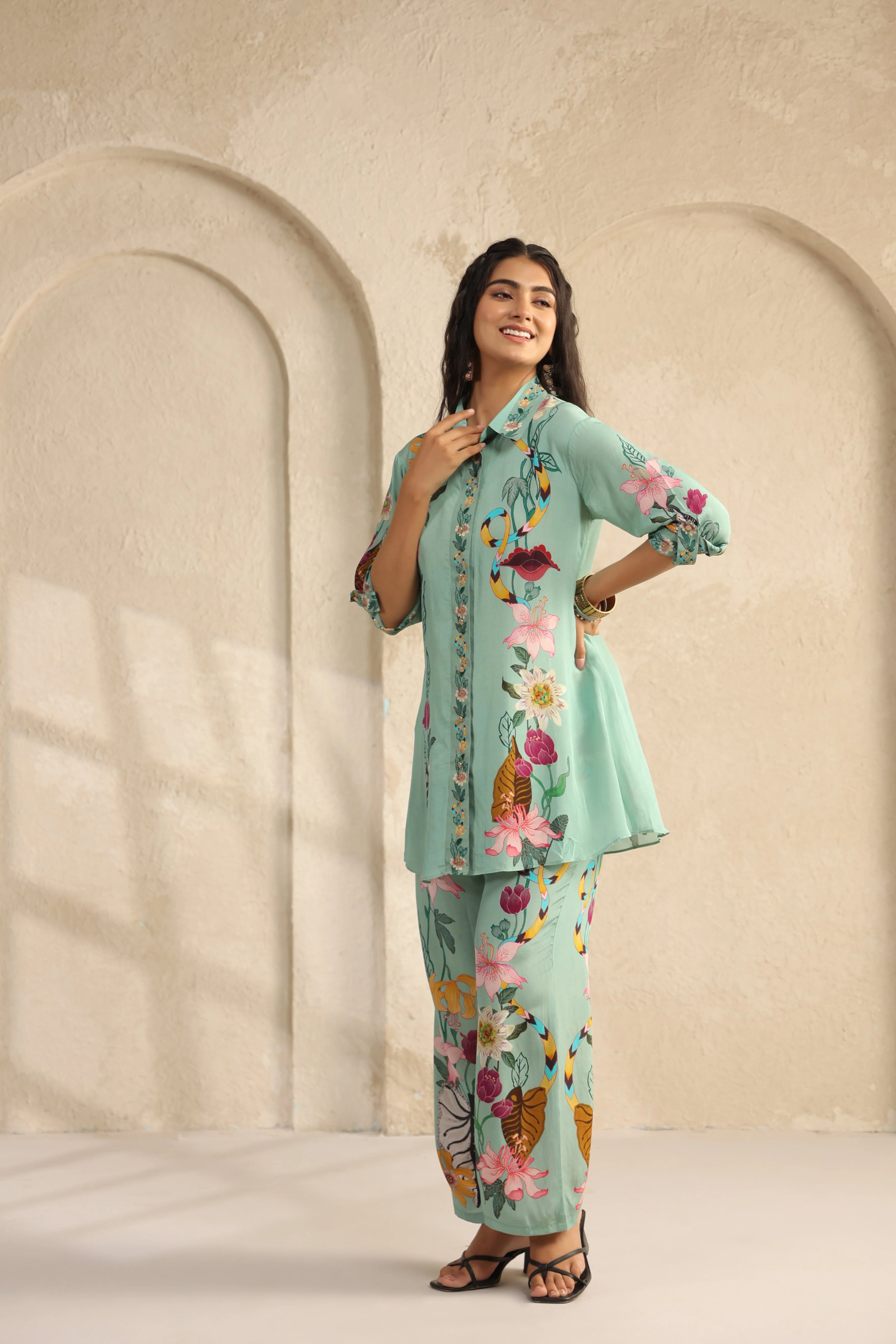 Seafoam Green Printed Viscose Crepe Co-Ord Set - Image 4