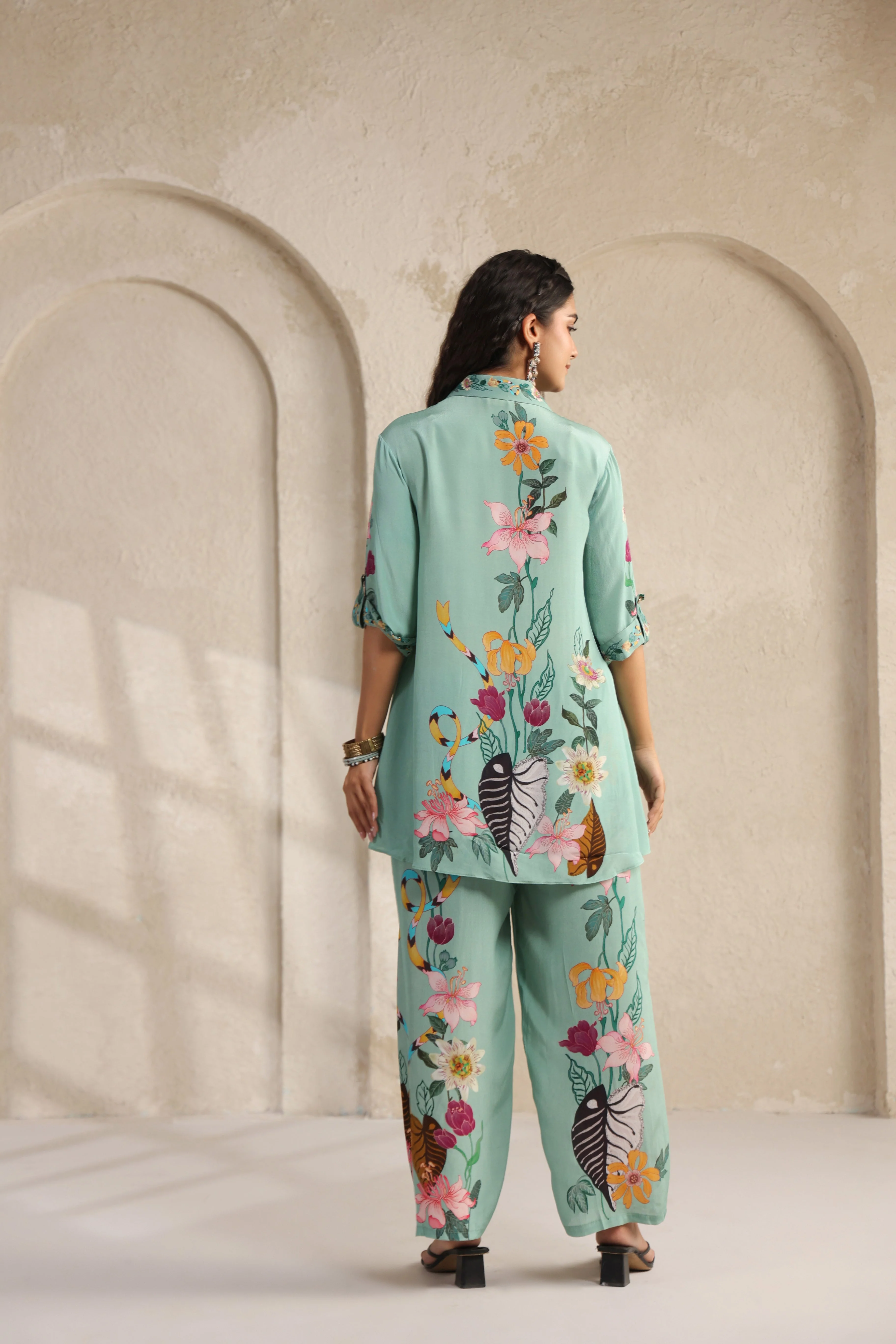Seafoam Green Printed Viscose Crepe Co-Ord Set - Image 5