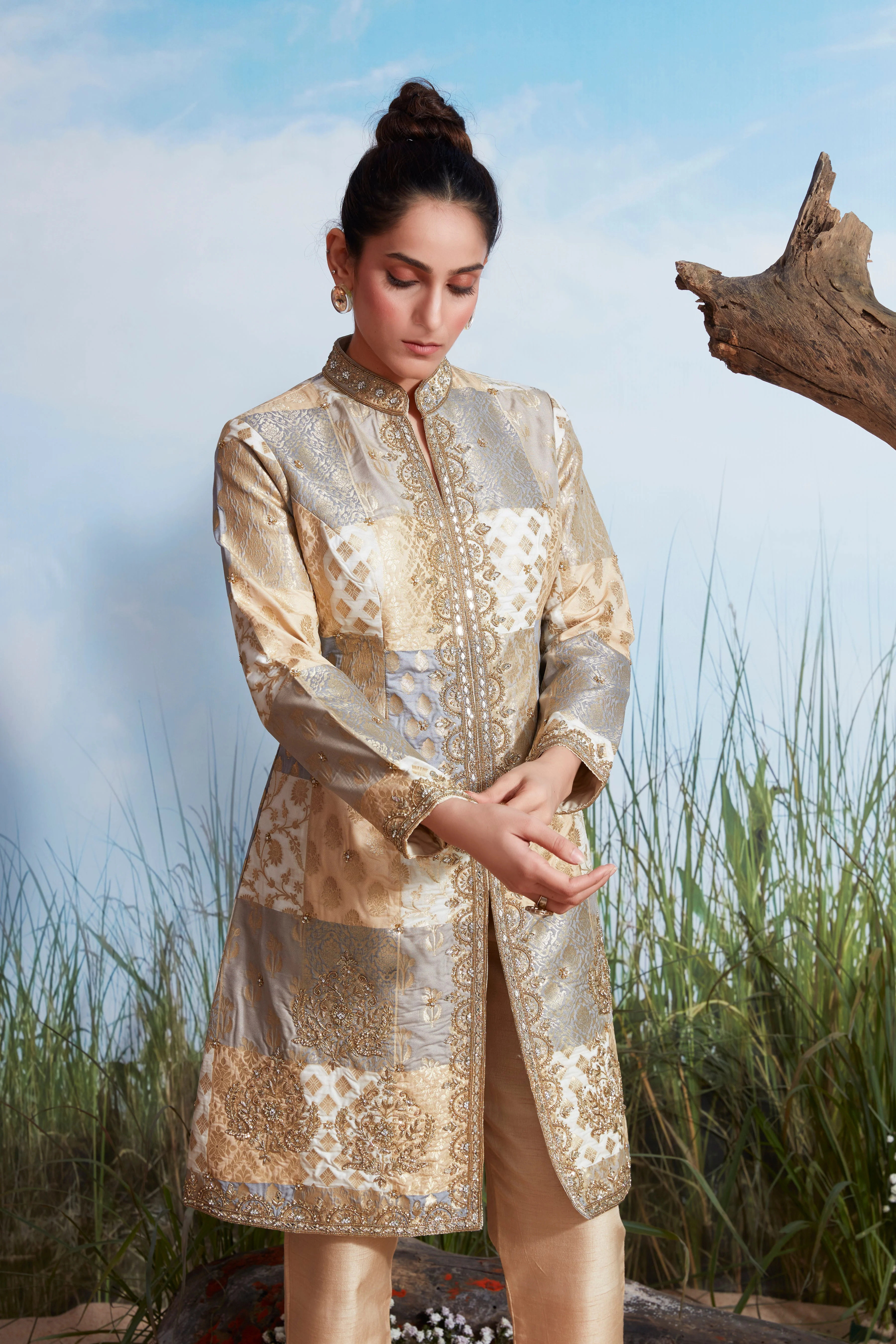 Antique Gold Embellished Brocade Silk Kurta Set - Image 2