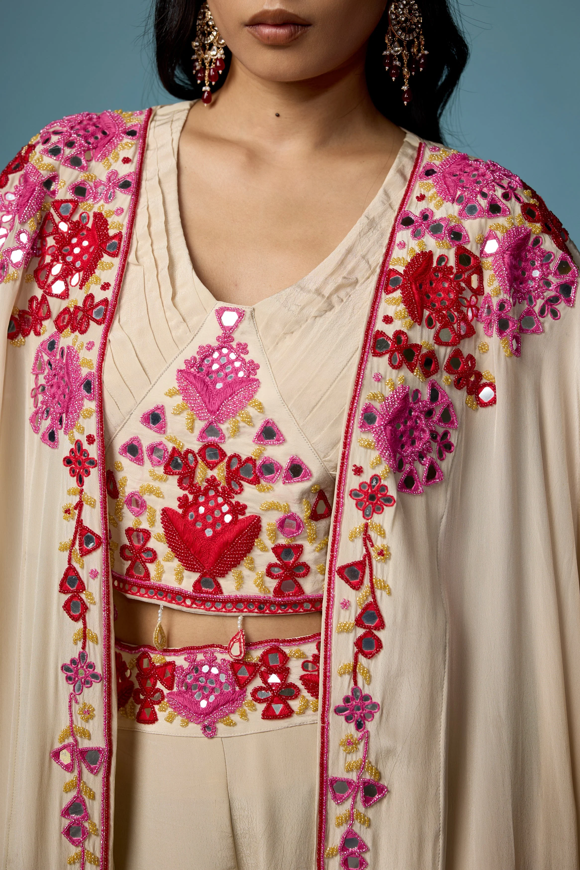 Off White Embellished Chinon Silk Cape Set - Image 2