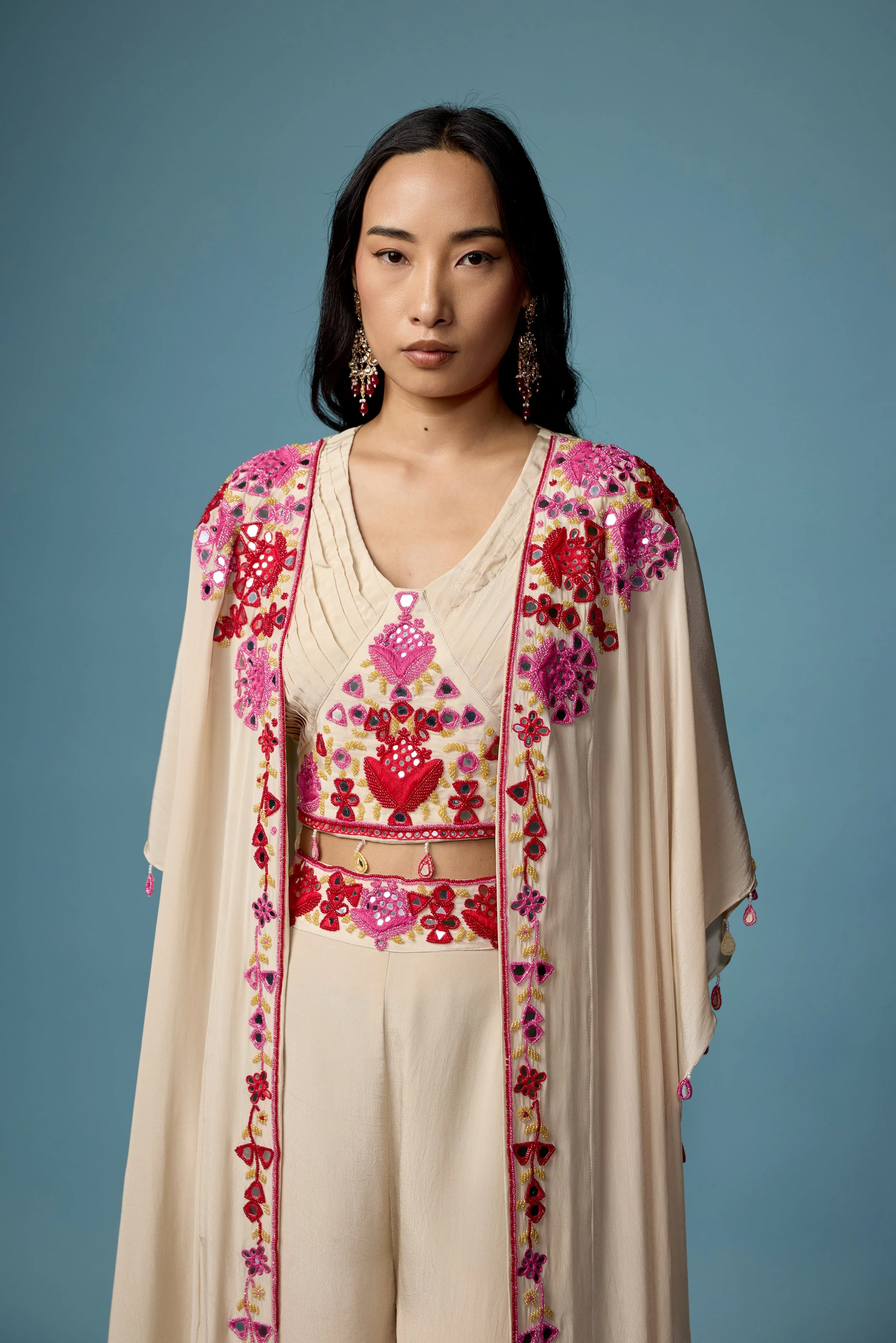 Off White Embellished Chinon Silk Cape Set - Image 3