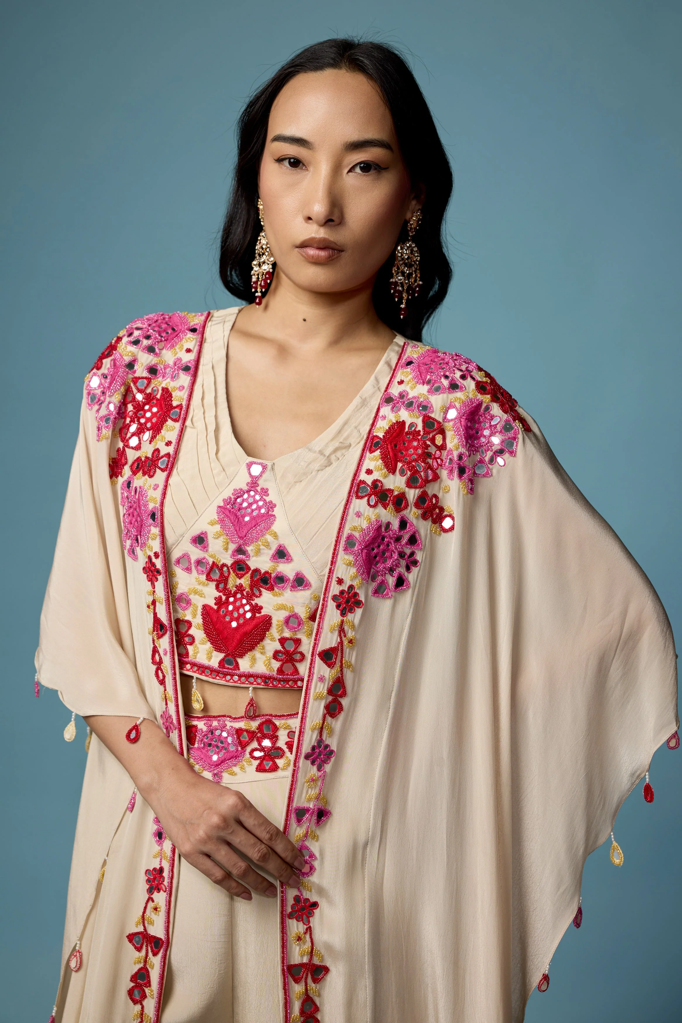 Off White Embellished Chinon Silk Cape Set - Image 4