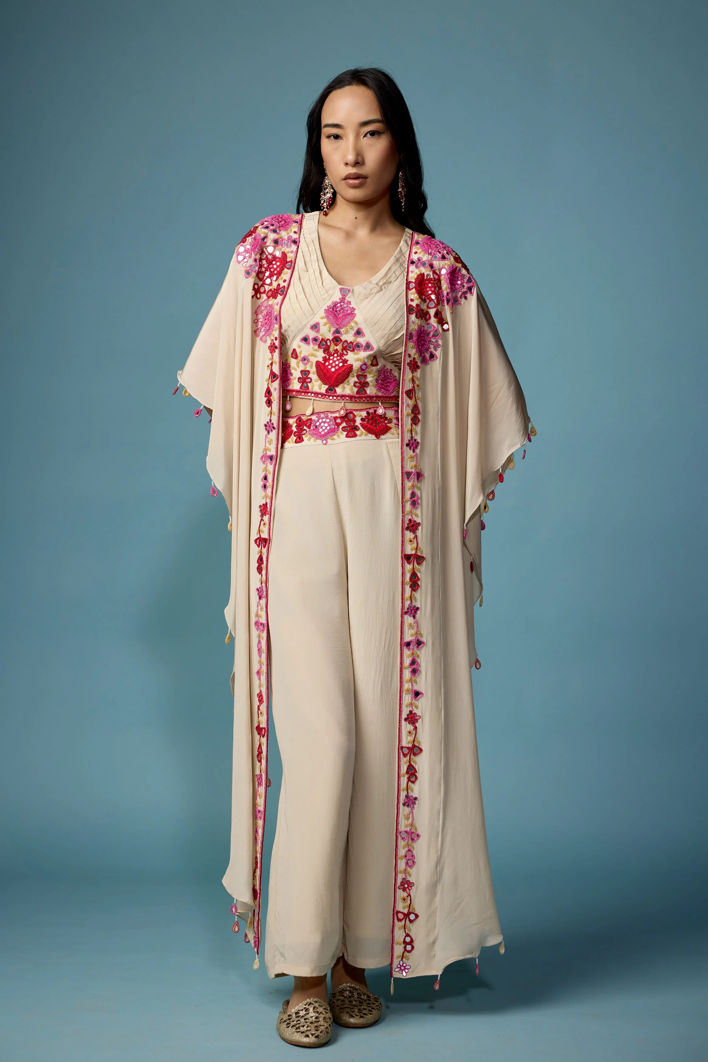 Off White Embellished Chinon Silk Cape Set - Image 5