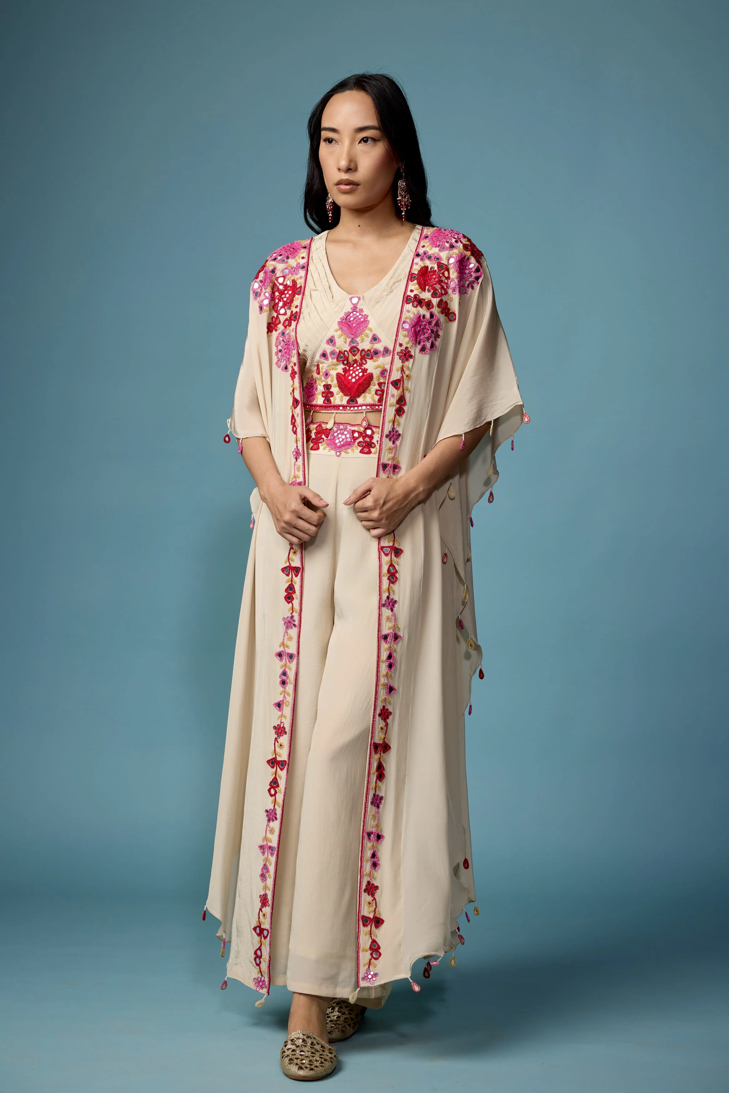 Off White Embellished Chinon Silk Cape Set - Image 6