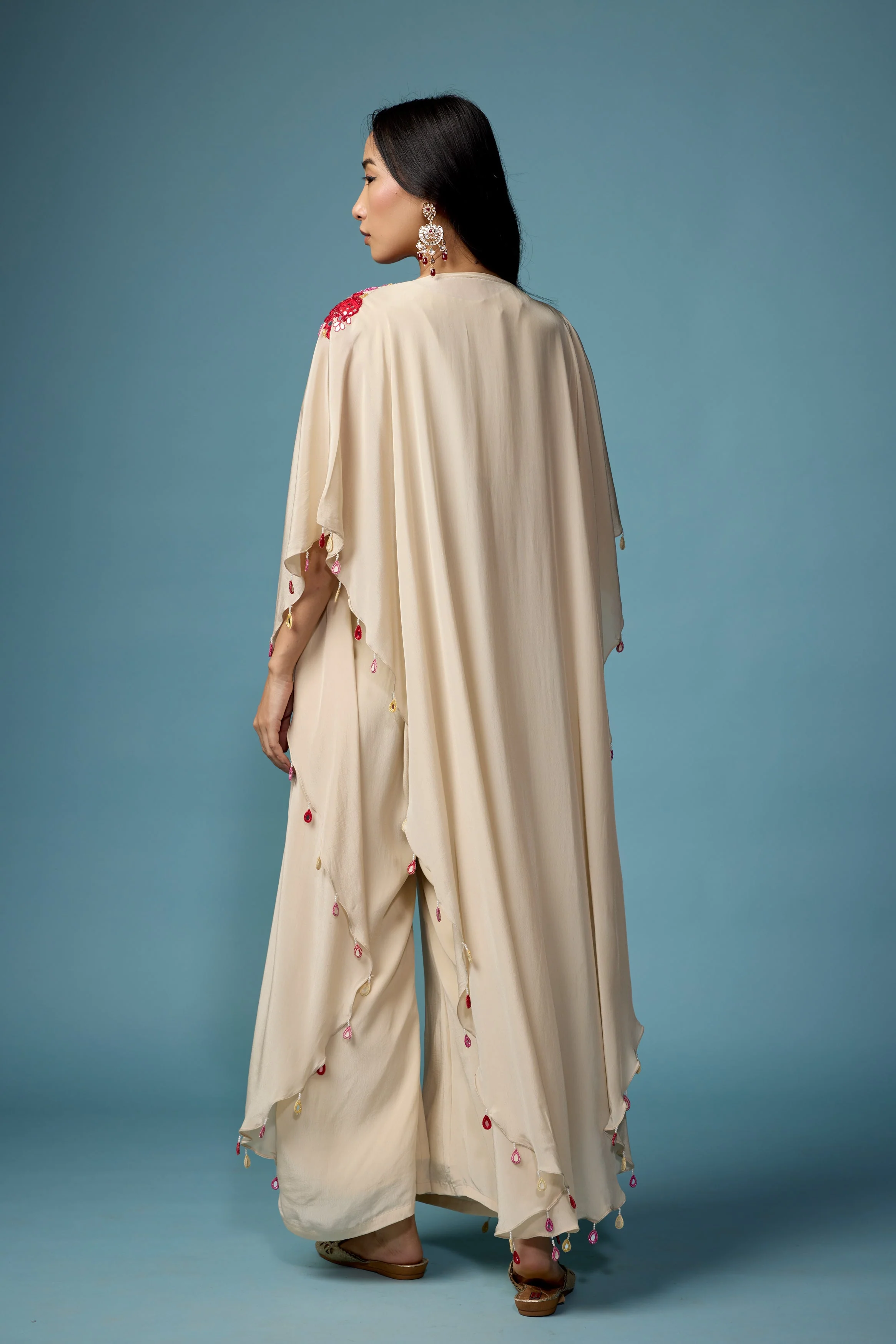 Off White Embellished Chinon Silk Cape Set - Image 7