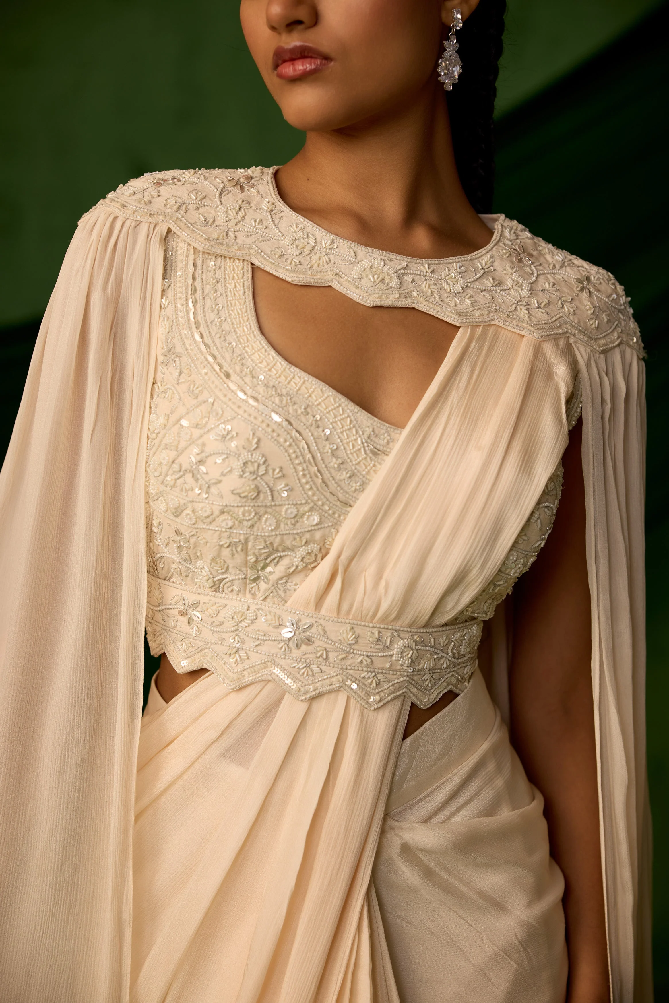 Off White Embellished Chinon Silk Drape saree - Image 2