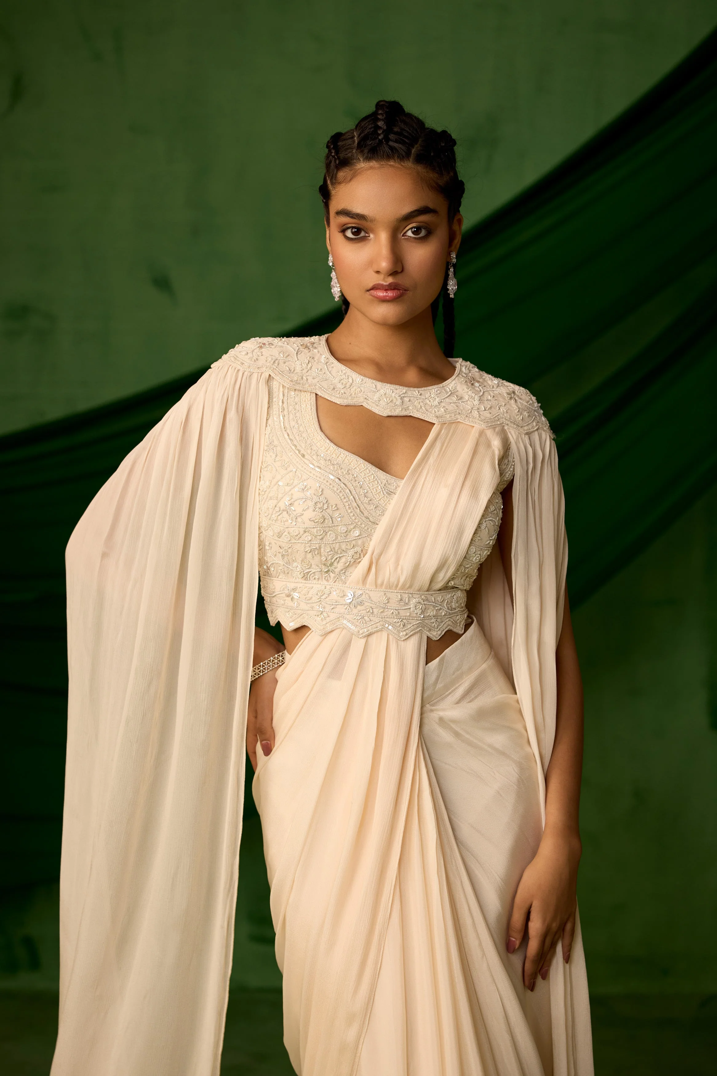 Off White Embellished Chinon Silk Drape saree - Image 3