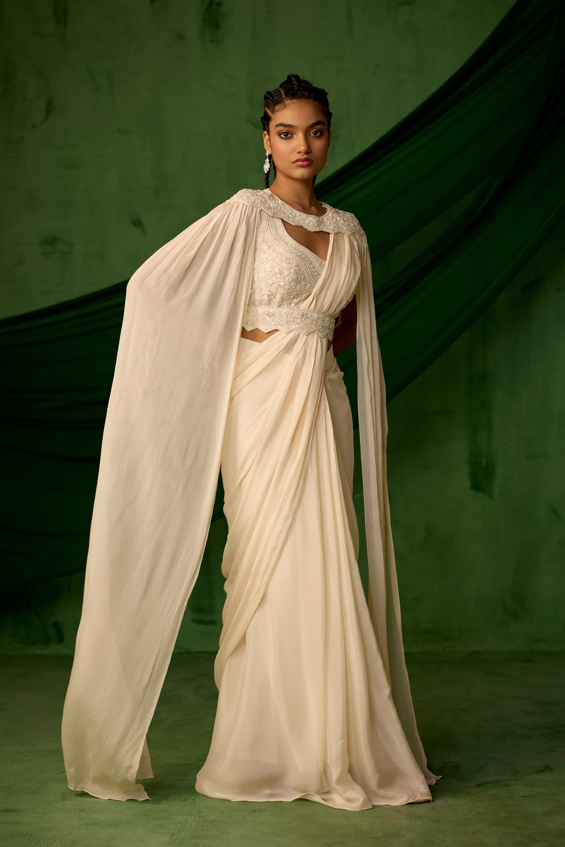 Off White Embellished Chinon Silk Drape saree - Image 4
