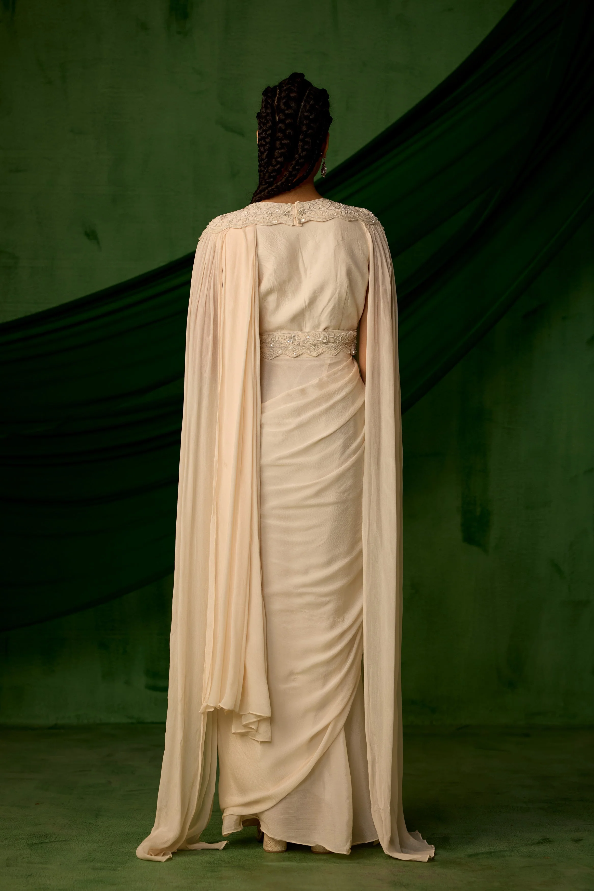 Off White Embellished Chinon Silk Drape saree - Image 5