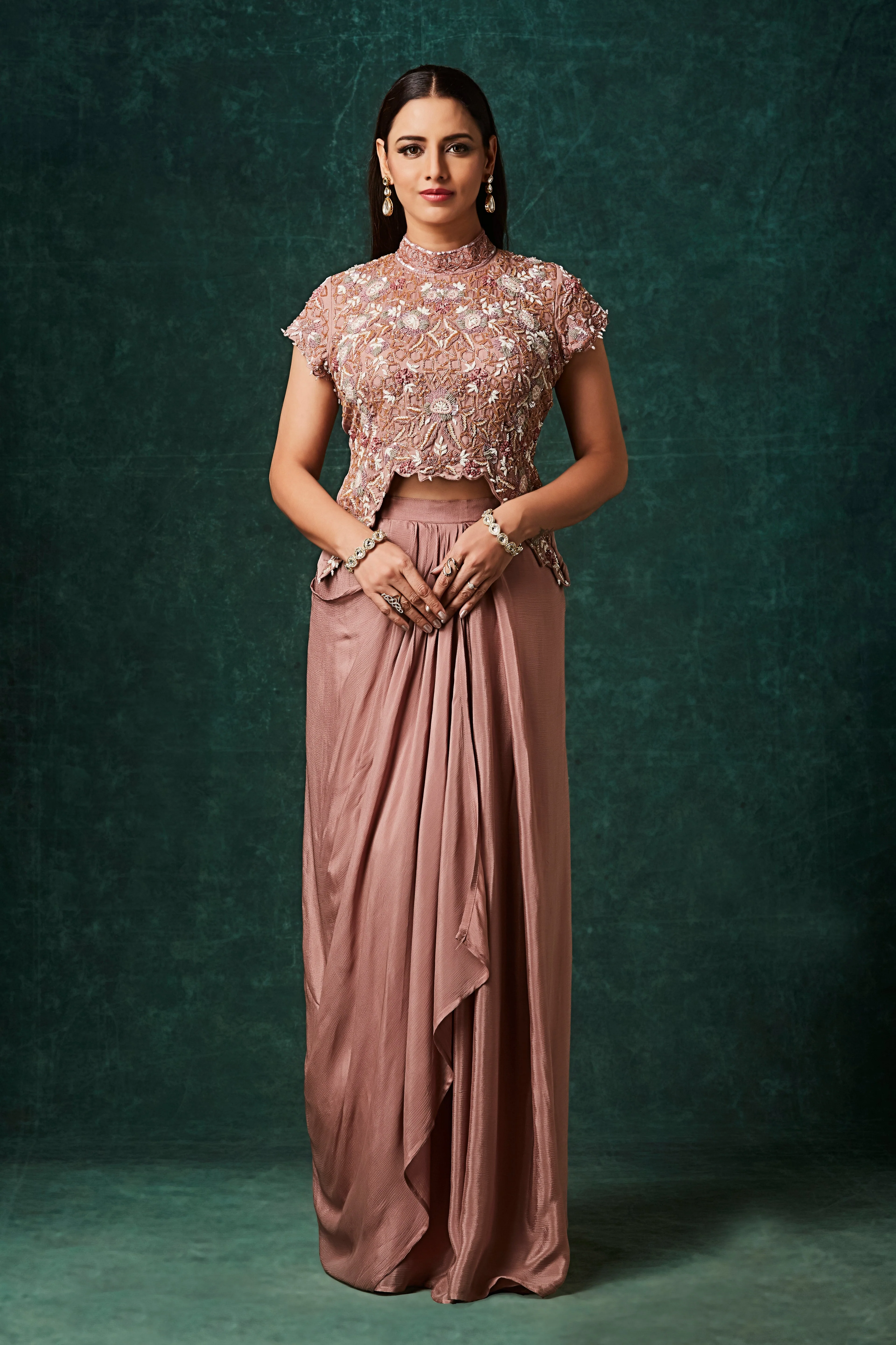 Dusty Rose Embellished Chinon Silk Skirt Set