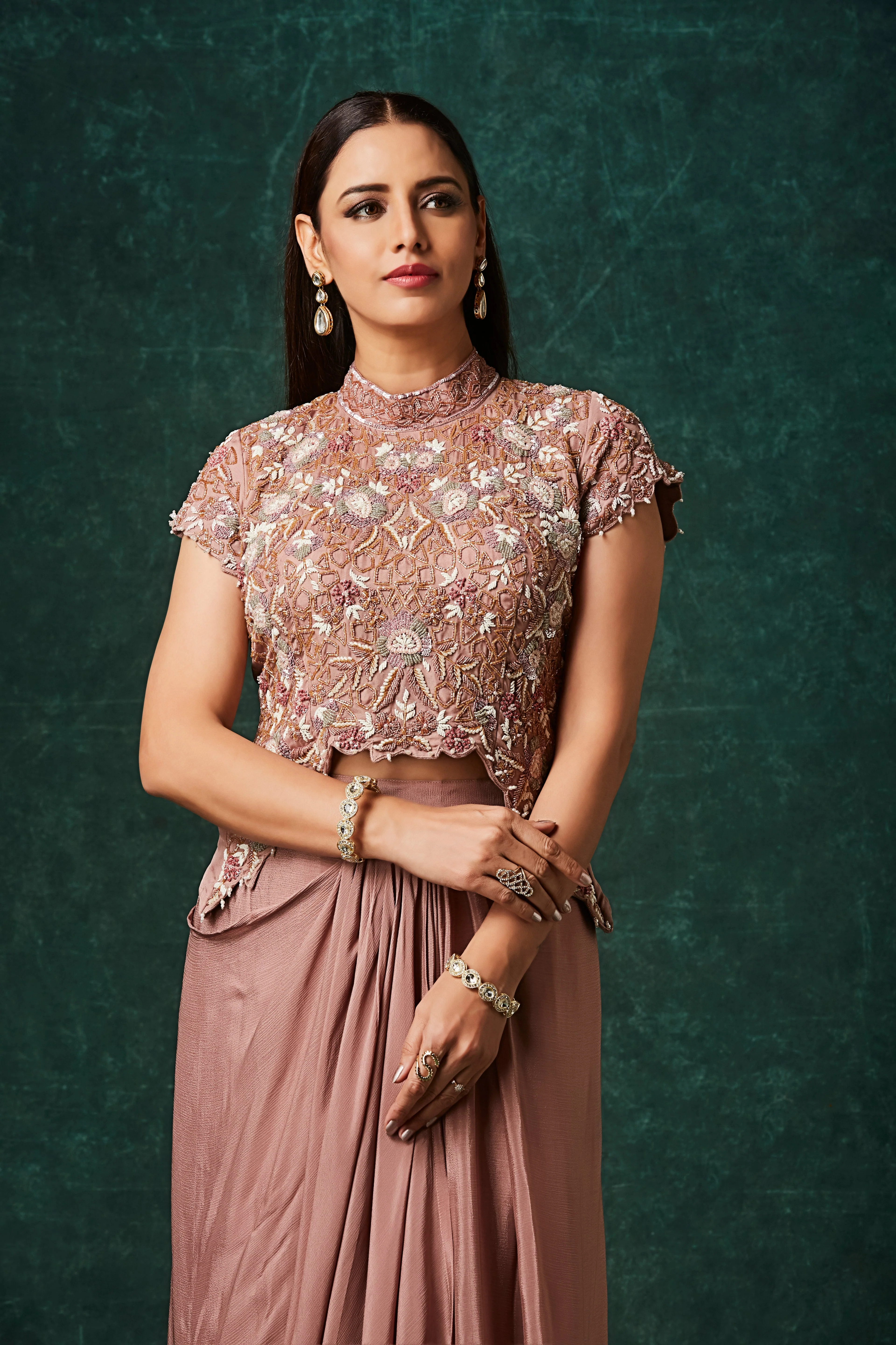 Dusty Rose Embellished Chinon Silk Skirt Set - Image 2