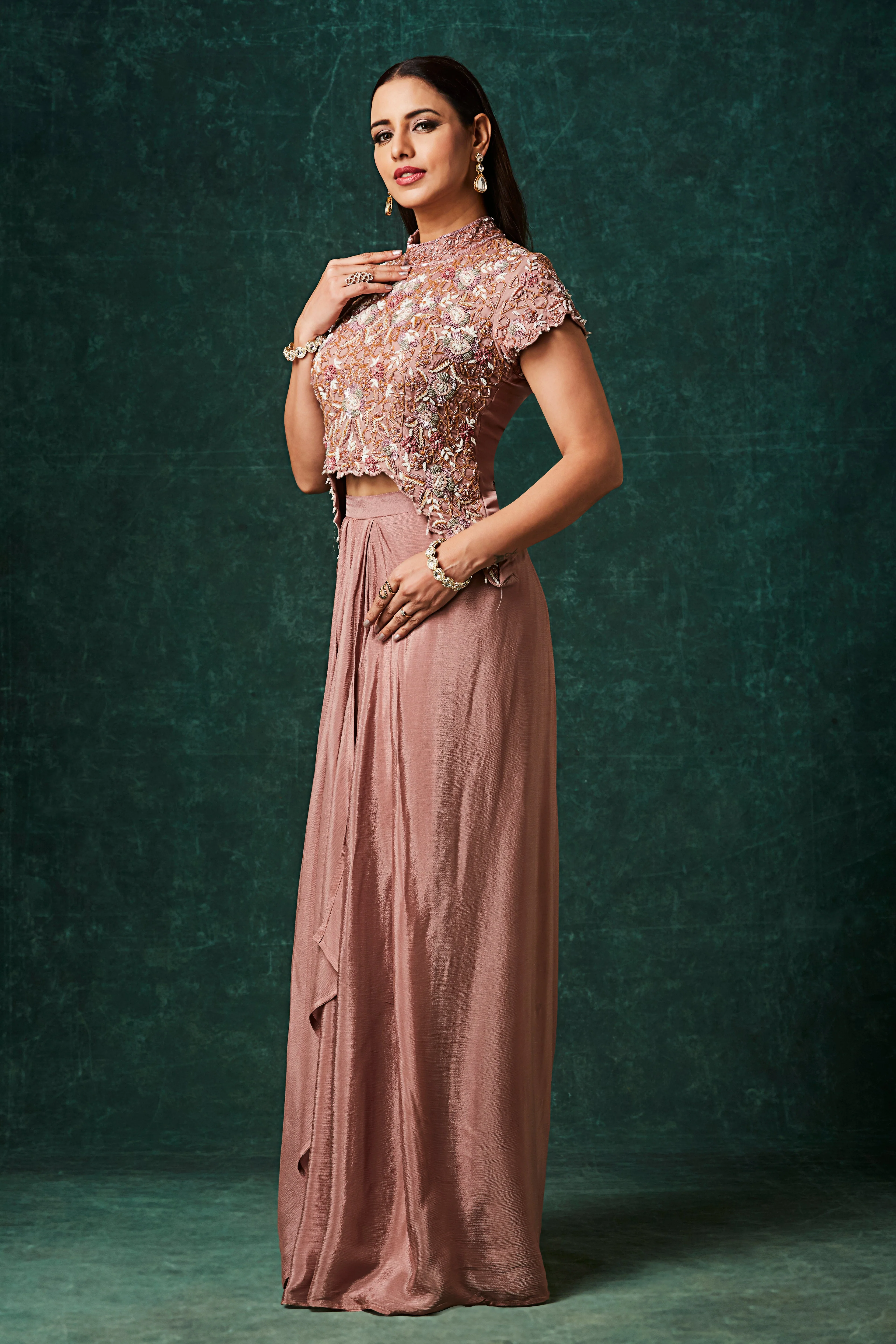 Dusty Rose Embellished Chinon Silk Skirt Set - Image 3