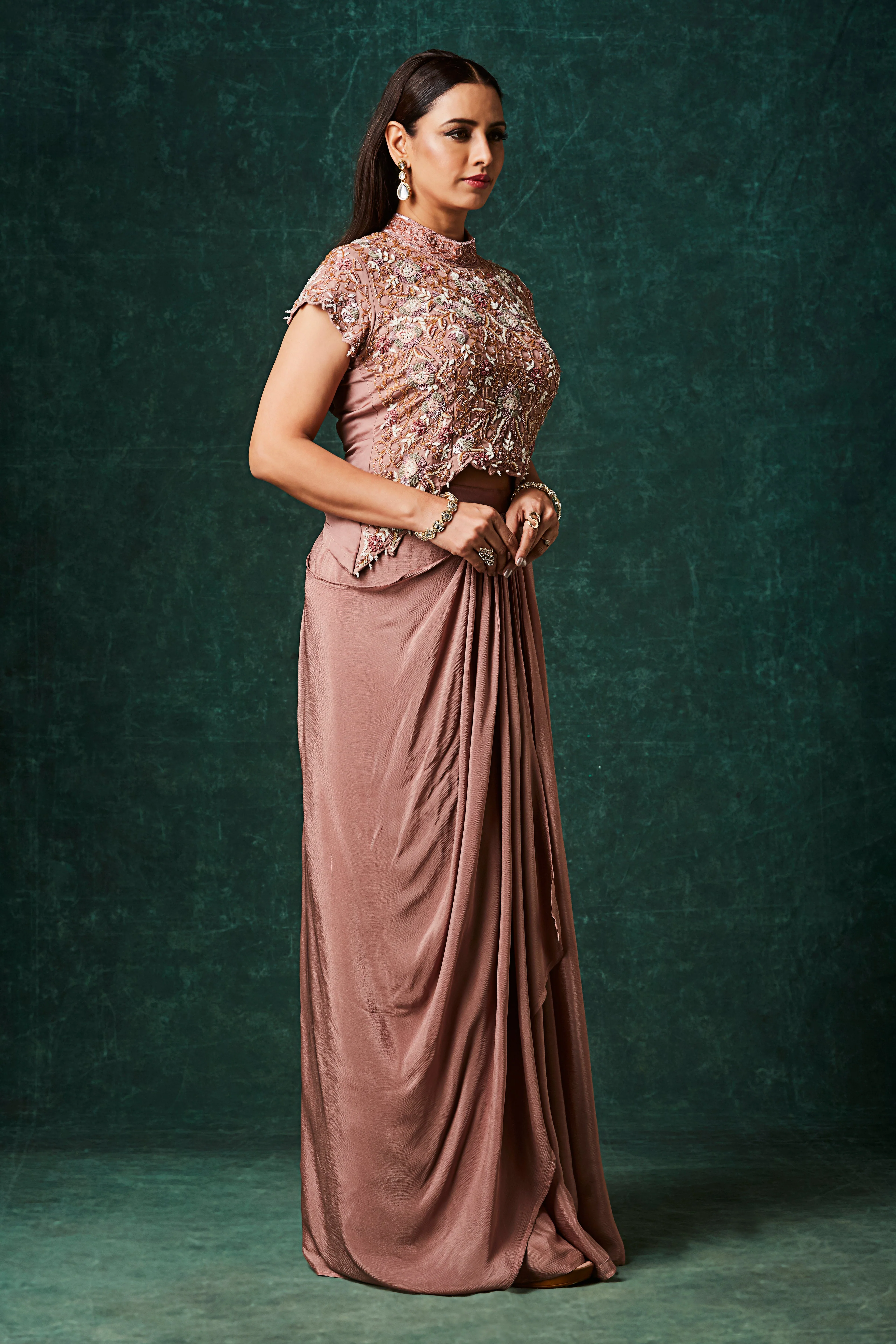 Dusty Rose Embellished Chinon Silk Skirt Set - Image 4