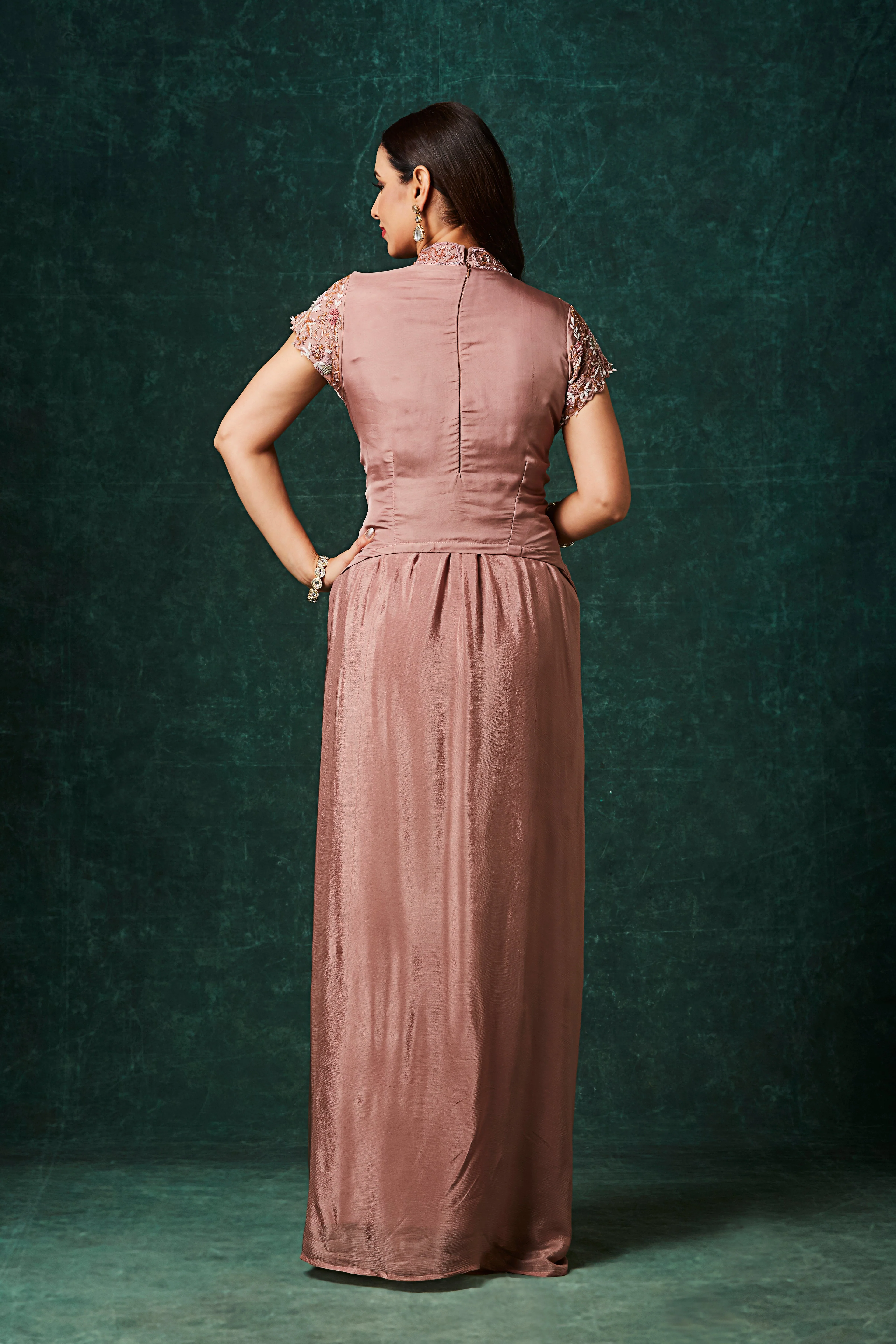 Dusty Rose Embellished Chinon Silk Skirt Set - Image 5