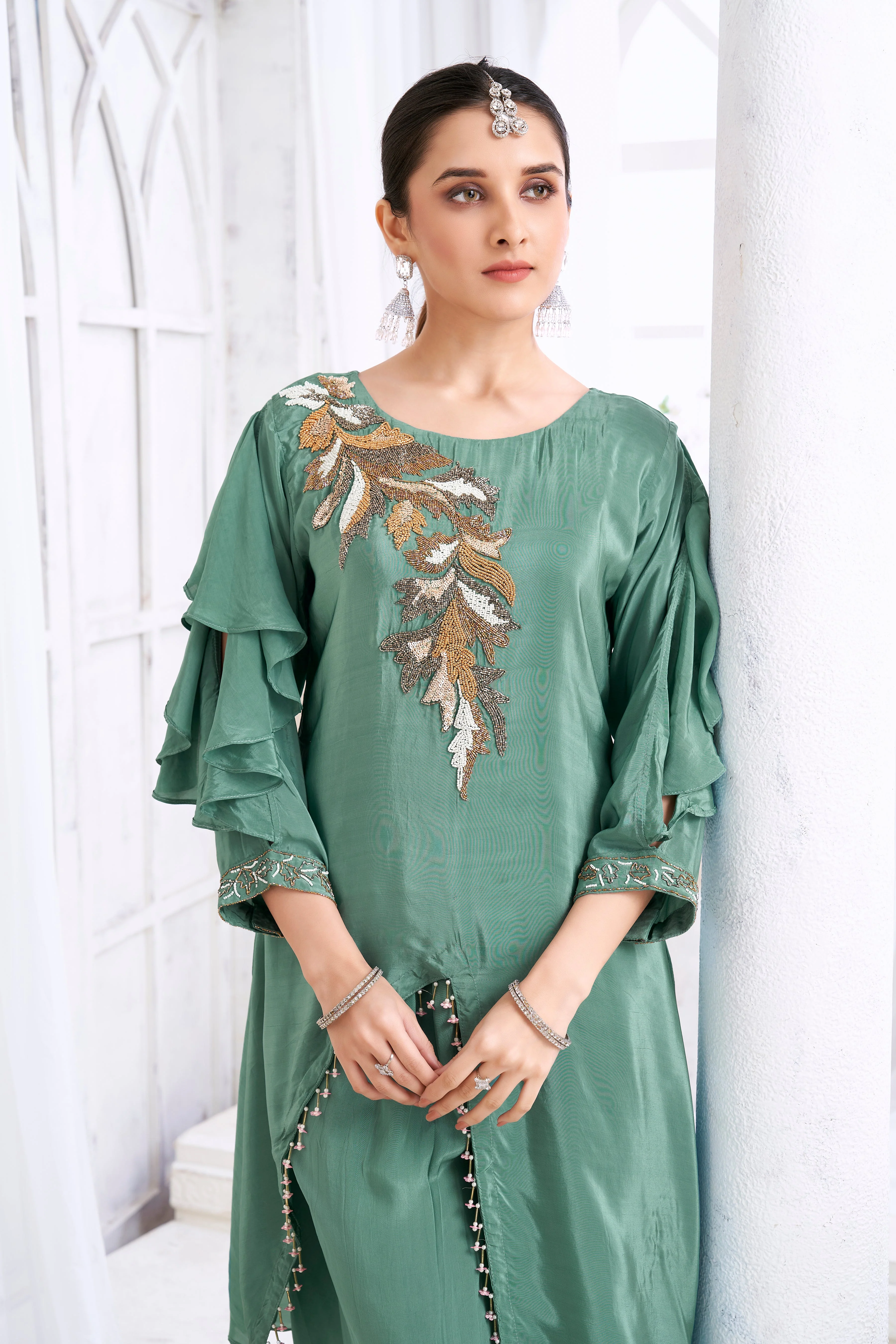 Sage Green Embellished Crepe Silk Dhoti Set - Image 2