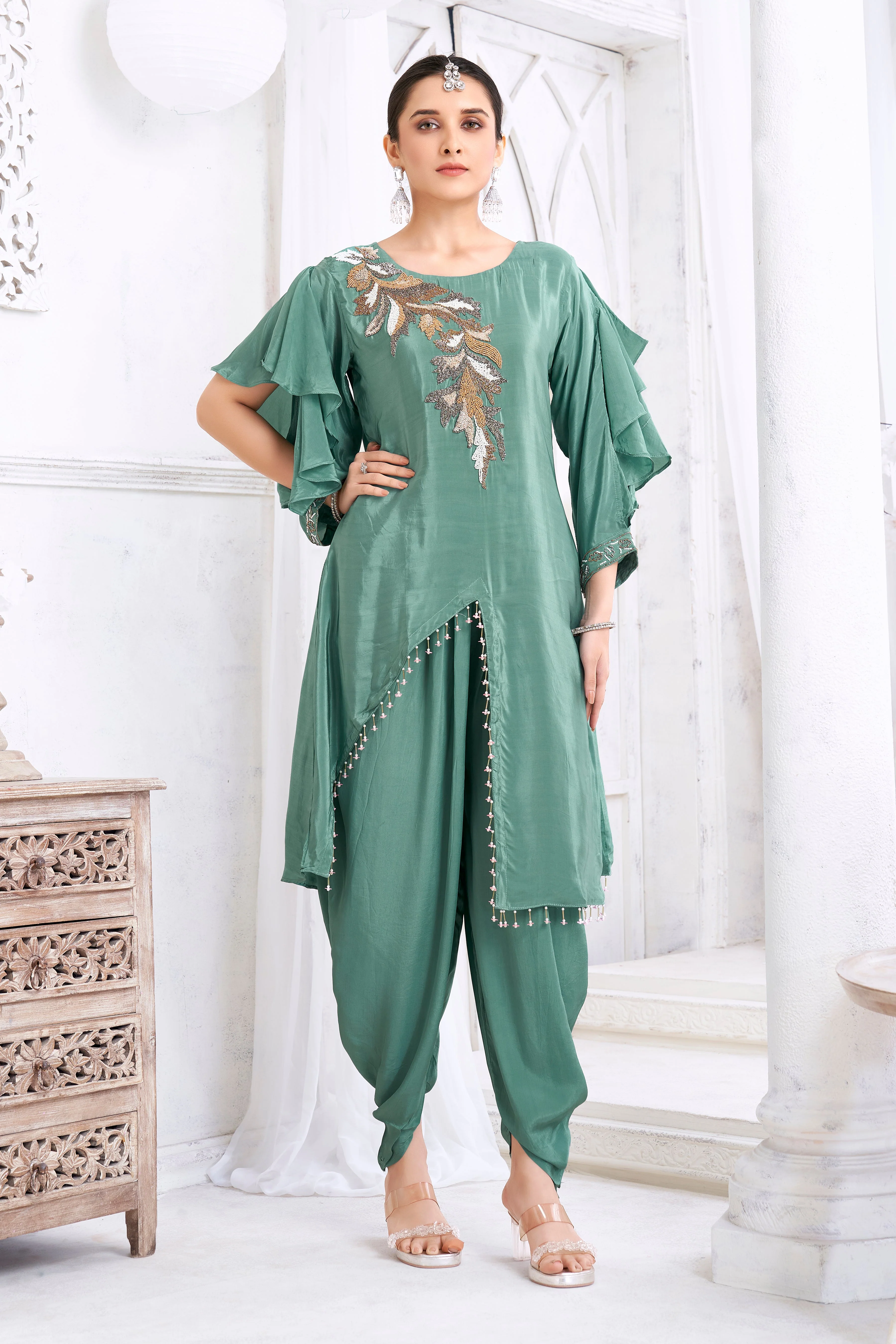 Sage Green Embellished Crepe Silk Dhoti Set - Image 3