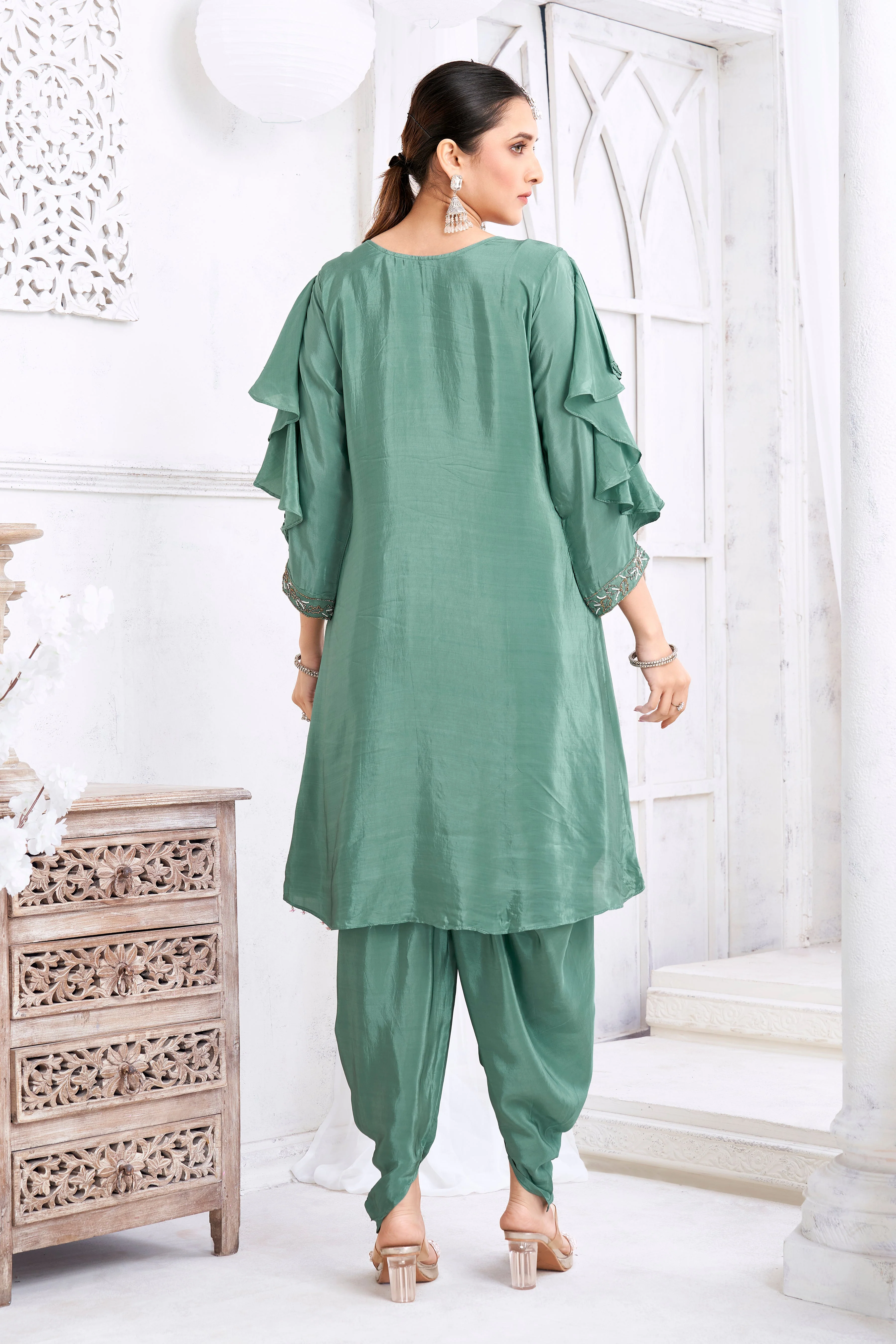 Sage Green Embellished Crepe Silk Dhoti Set - Image 4