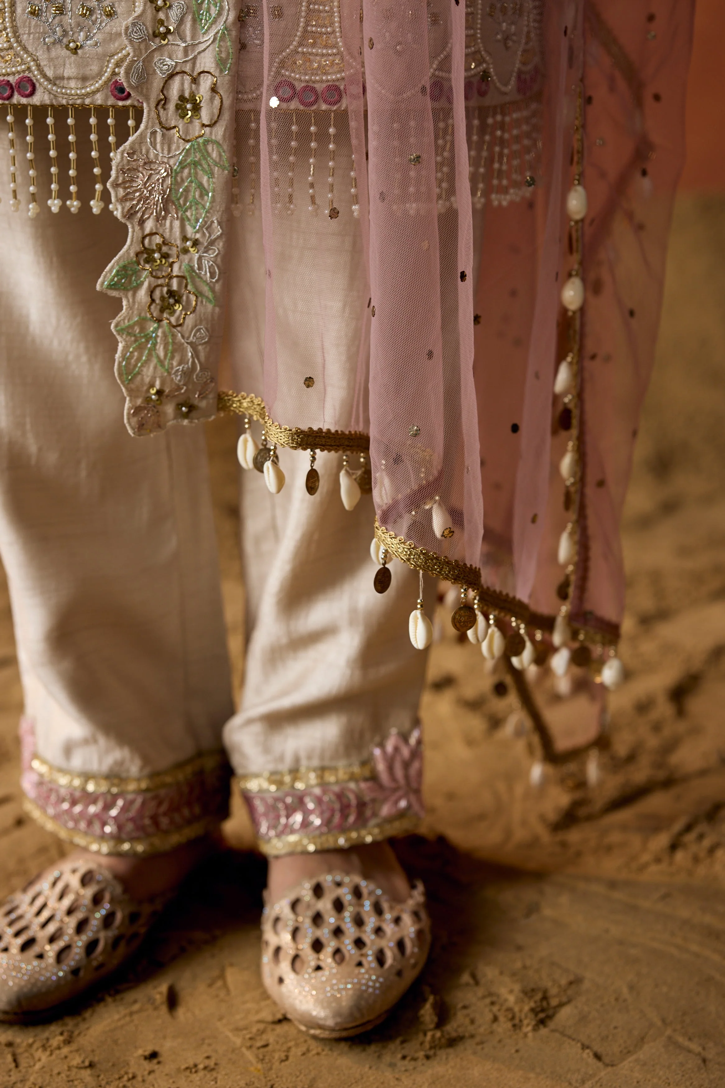 Off-White Embellished Raw Silk Pant Set - Image 4