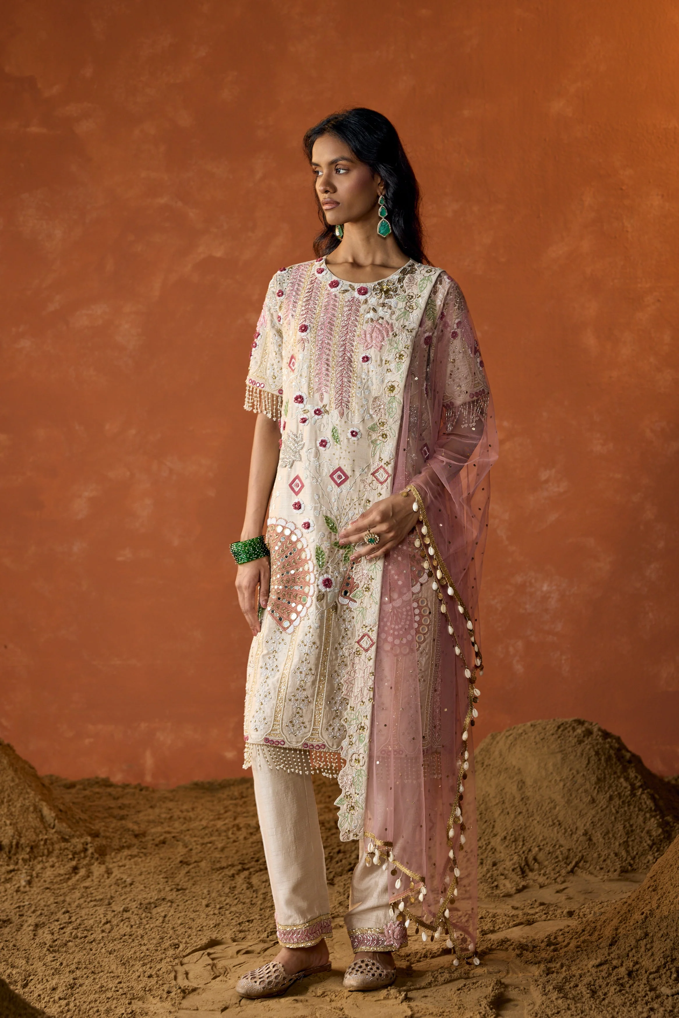 Off-White Embellished Raw Silk Pant Set - Image 5