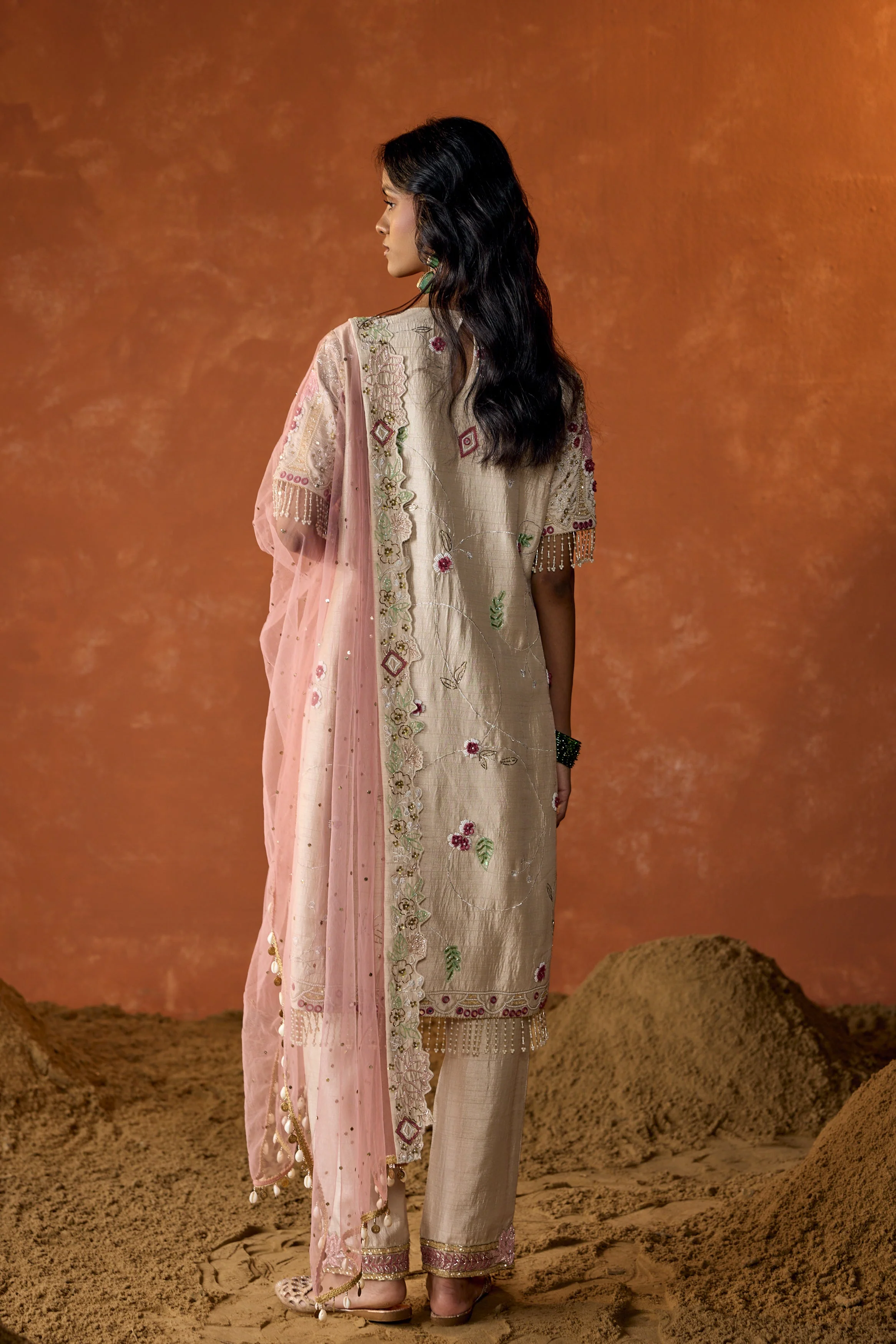 Off-White Embellished Raw Silk Pant Set - Image 6
