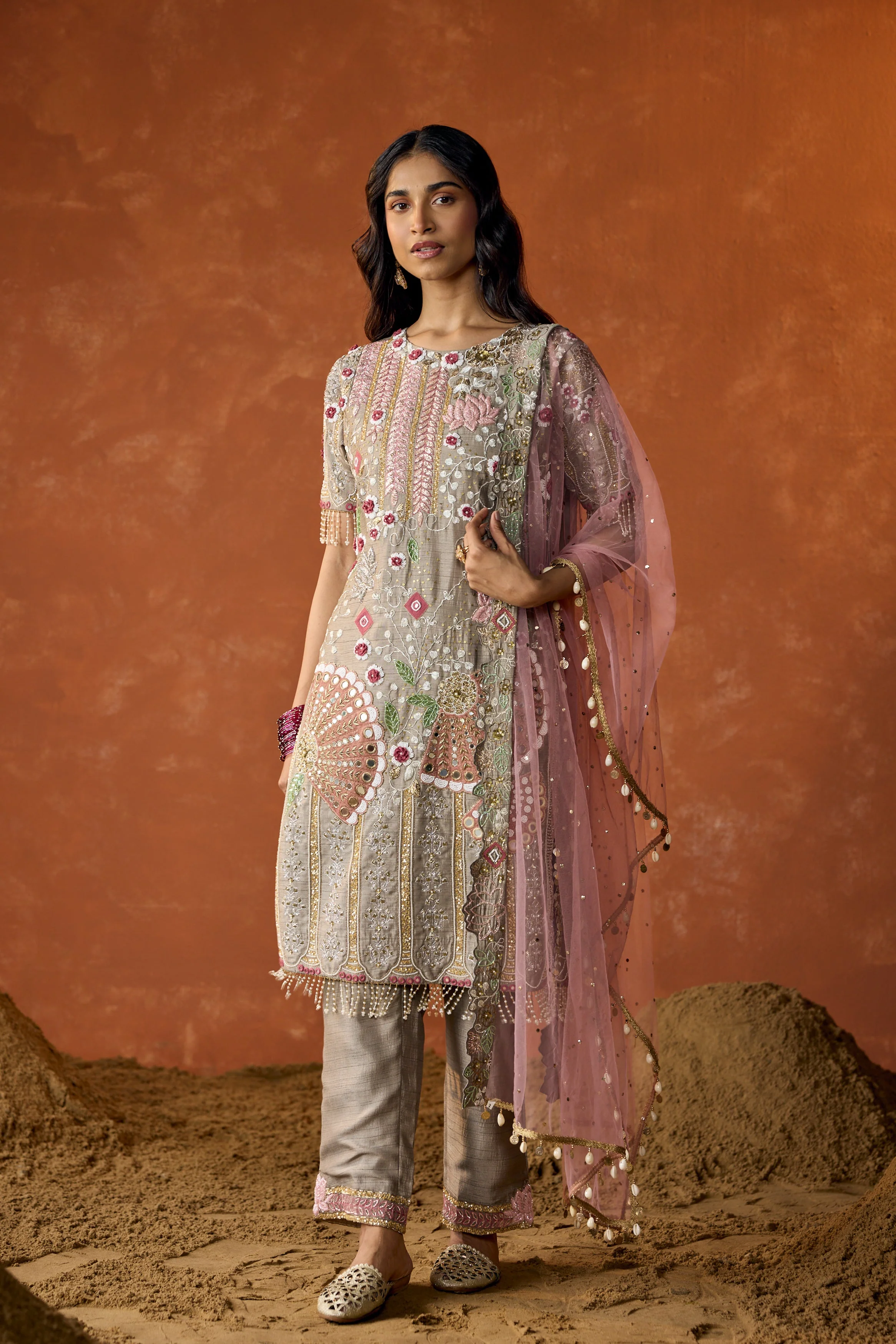 Light Grey Embellished Raw Silk Pant Set