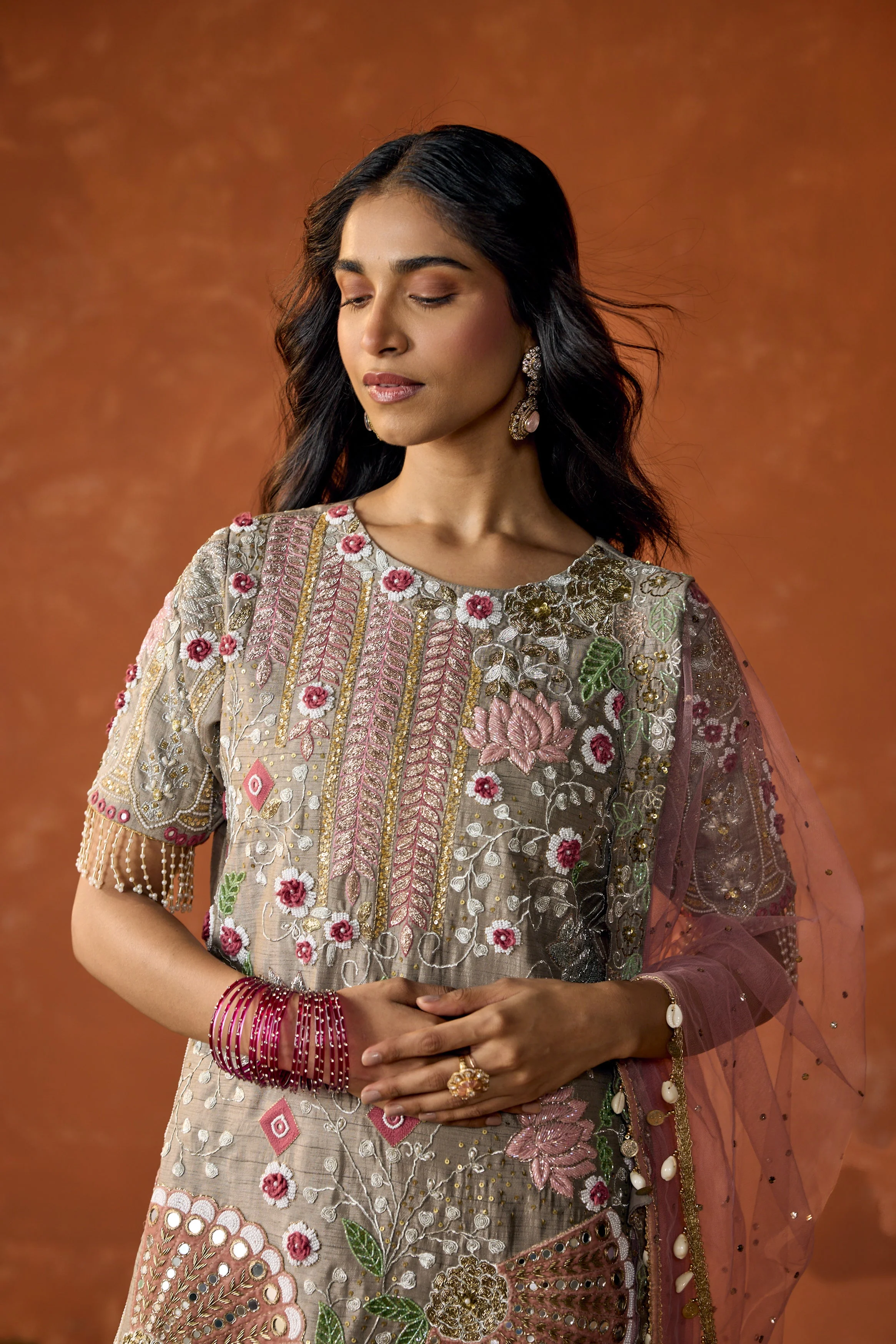 Light Grey Embellished Raw Silk Pant Set - Image 2