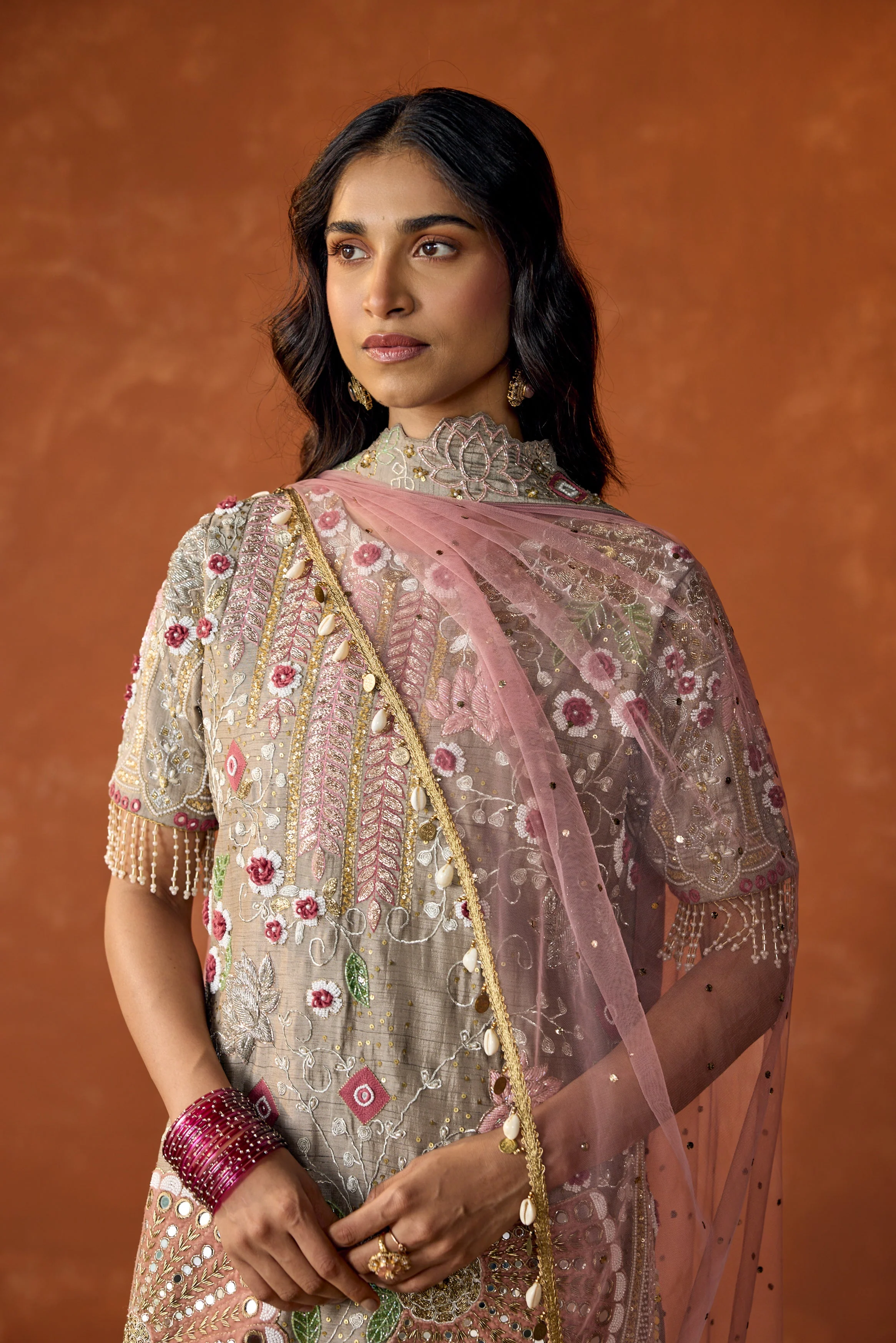 Light Grey Embellished Raw Silk Pant Set - Image 3