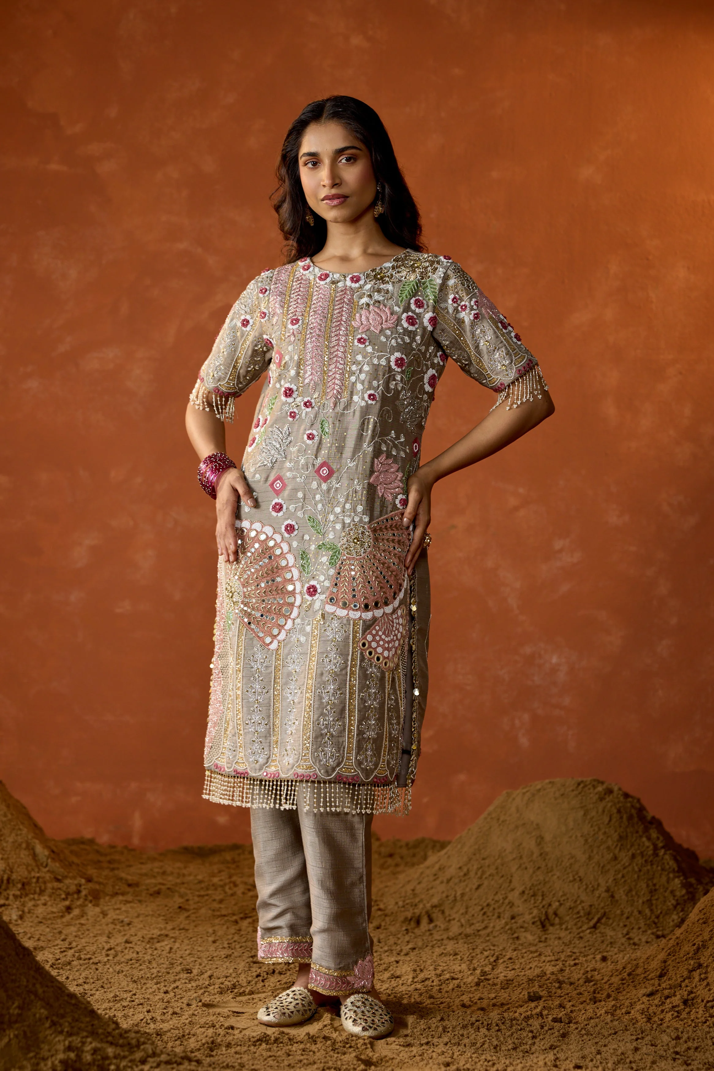 Light Grey Embellished Raw Silk Pant Set - Image 4