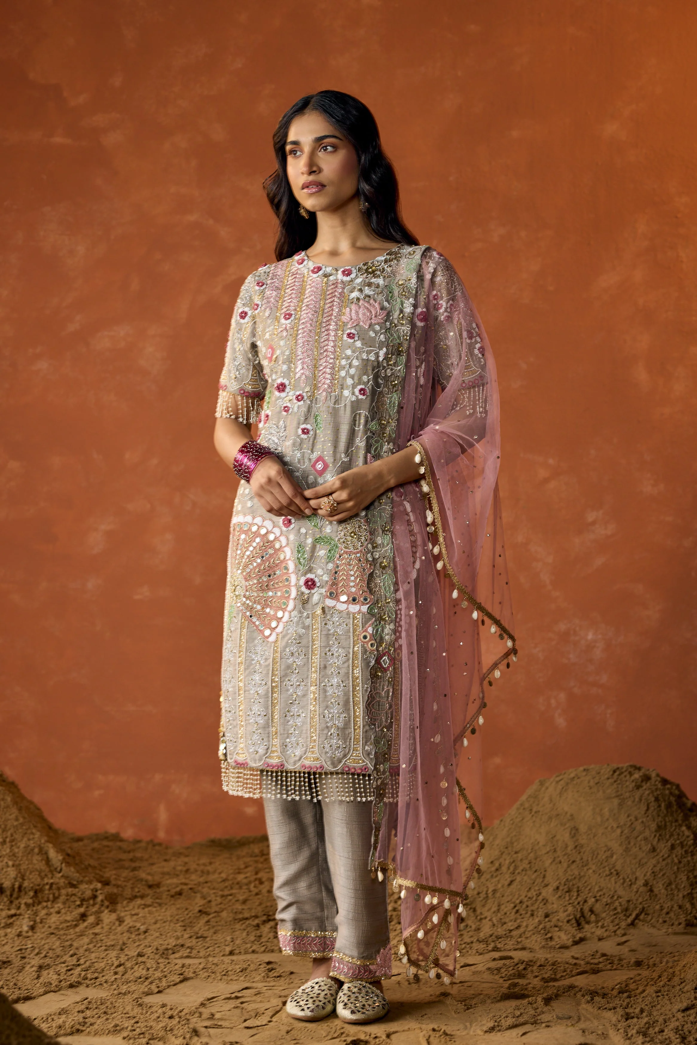 Light Grey Embellished Raw Silk Pant Set - Image 5