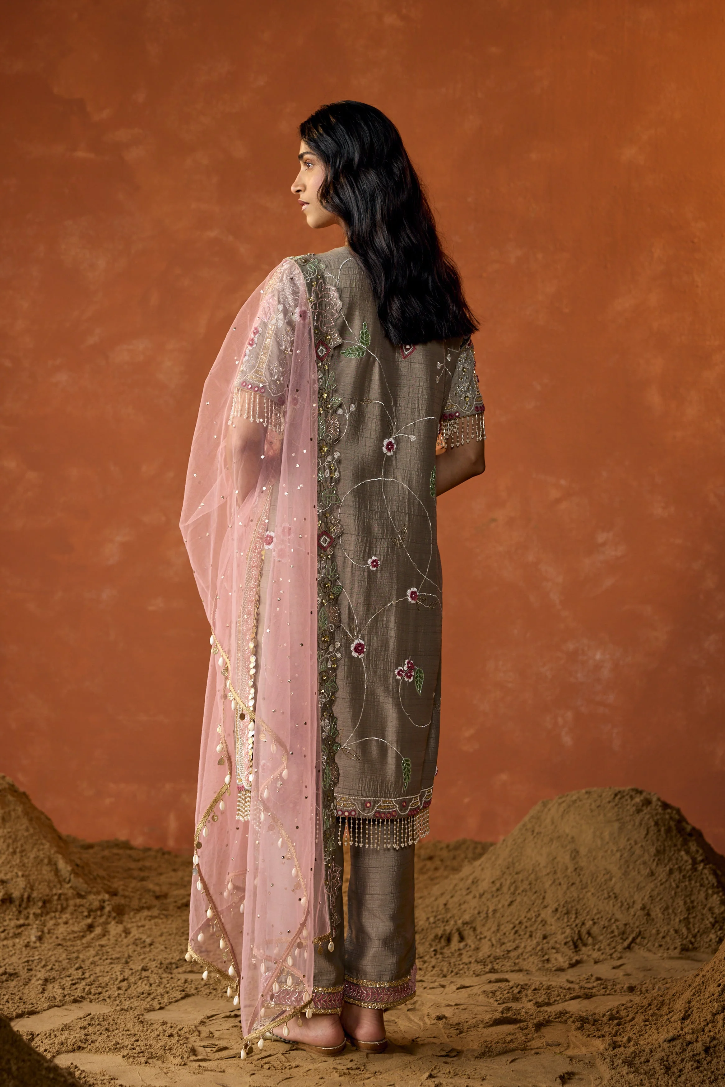 Light Grey Embellished Raw Silk Pant Set - Image 6