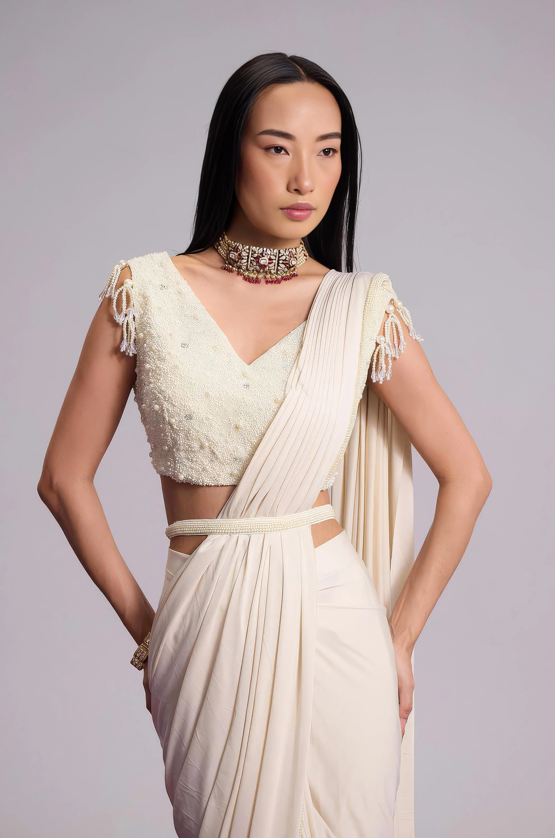 Off-White Embellished Lycra Silk Draped Saree - Image 3