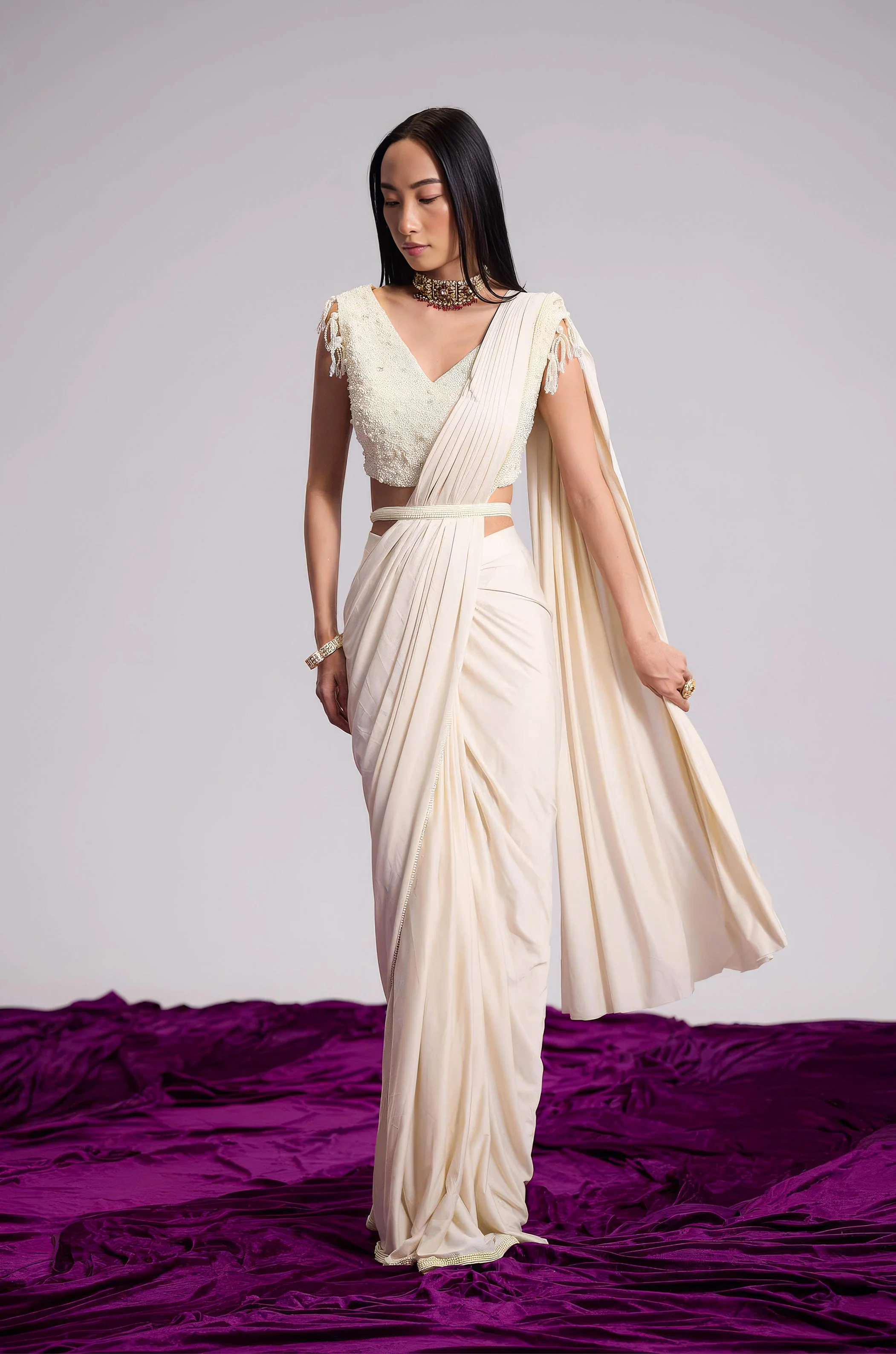 Off-White Embellished Lycra Silk Draped Saree - Image 6