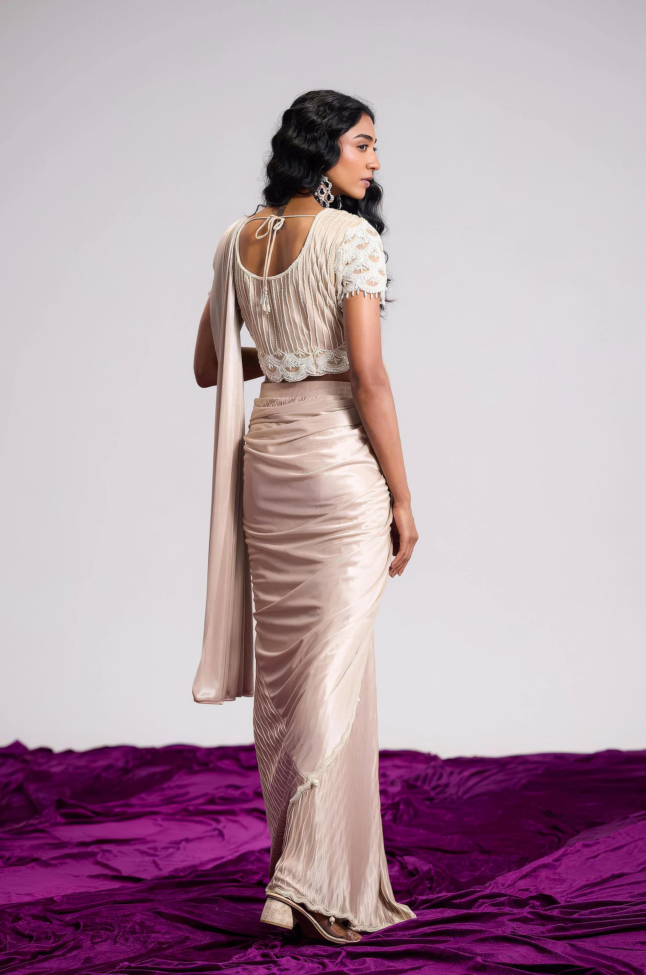 Off-White Embellished Lycra Silk Draped Saree - Image 7