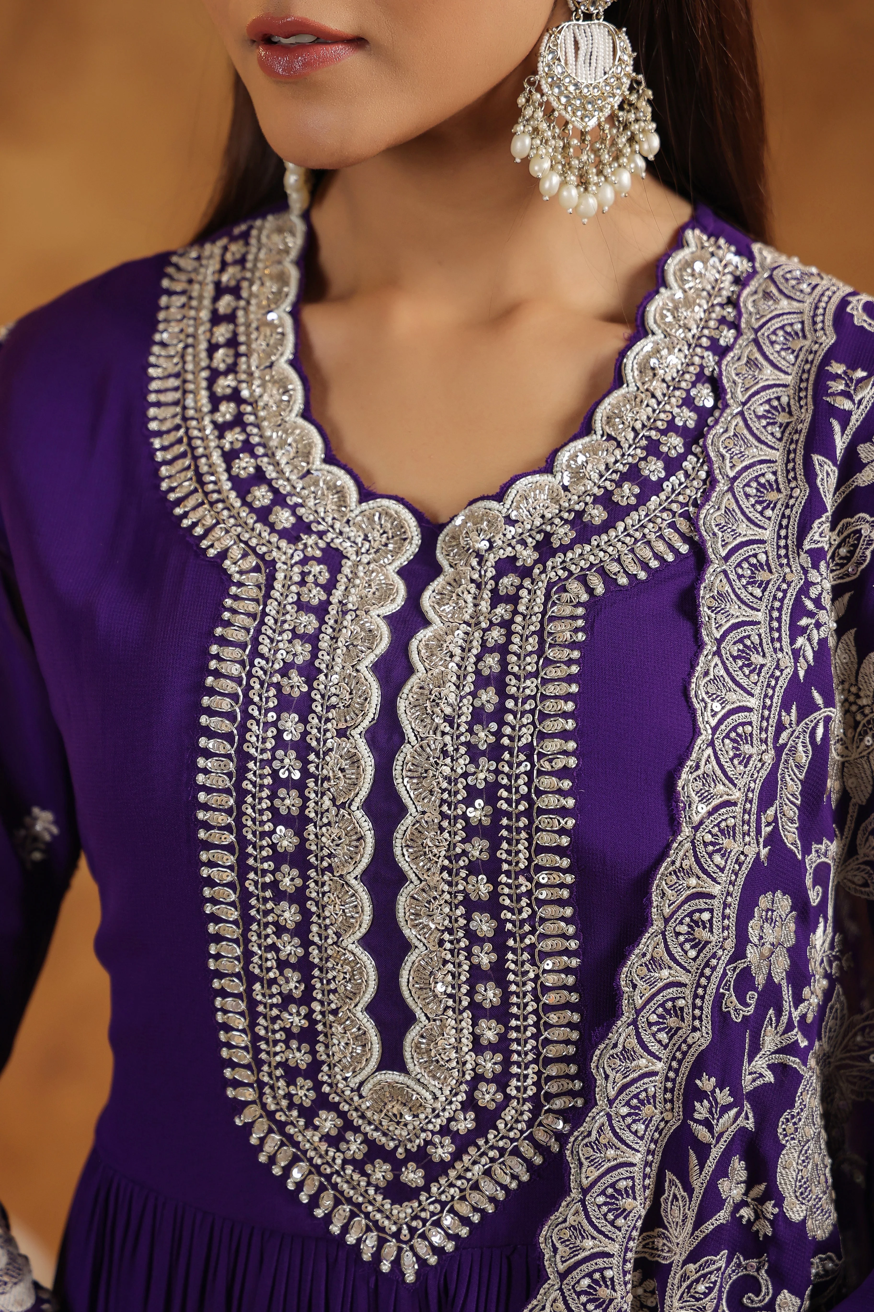 Royal Purple Embellished Georgette Silk Anarkali Set - Image 2