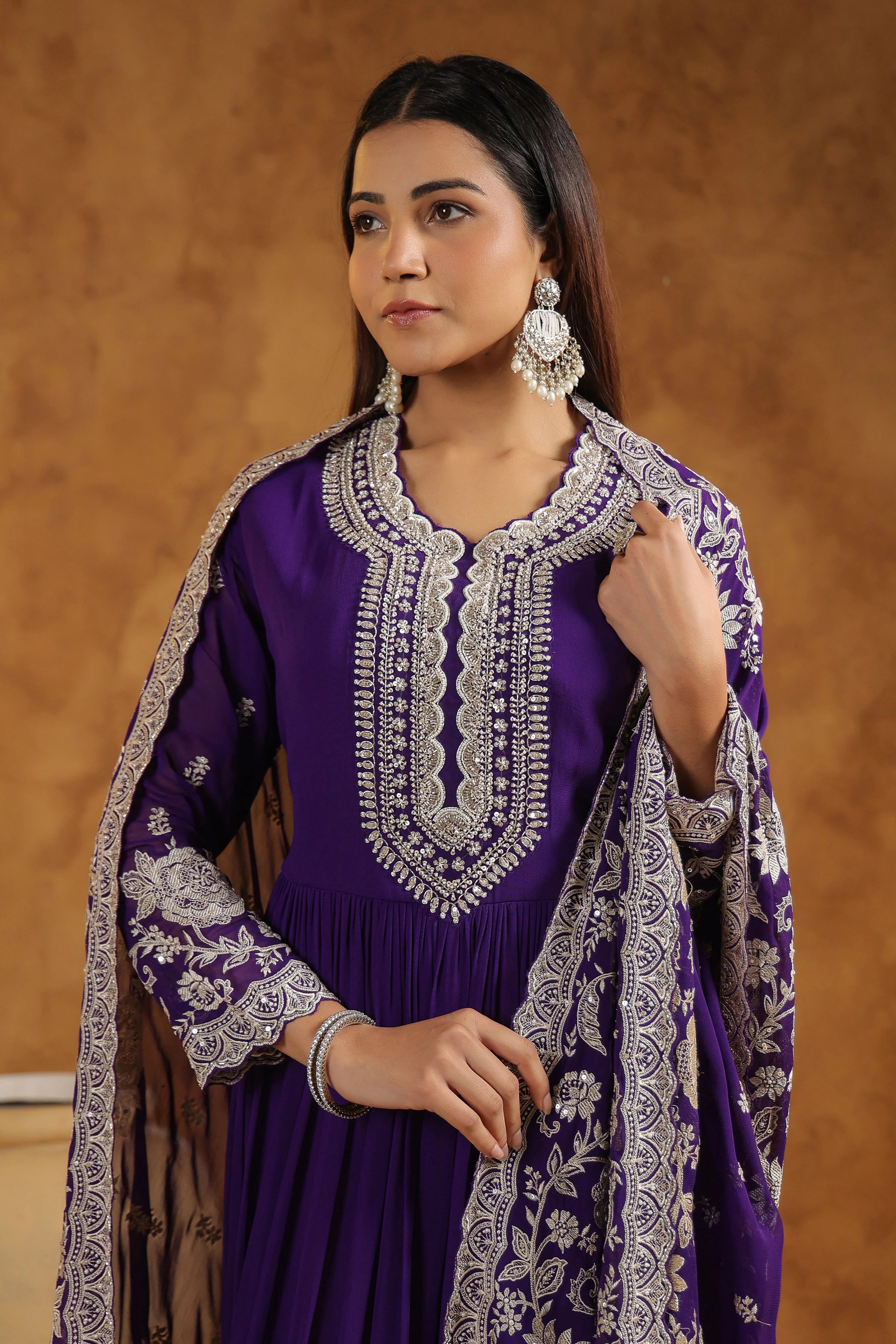 Royal Purple Embellished Georgette Silk Anarkali Set - Image 3