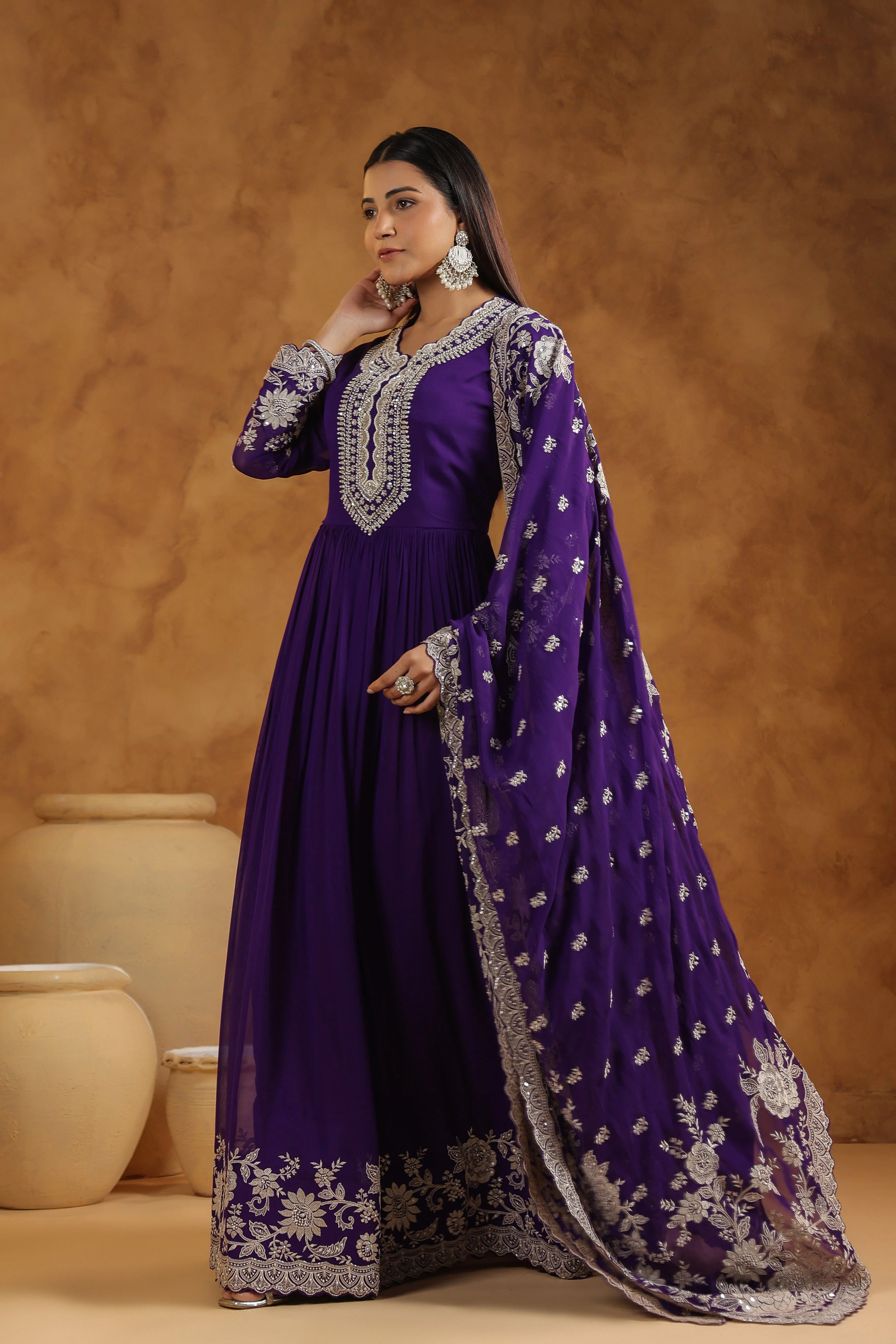 Royal Purple Embellished Georgette Silk Anarkali Set - Image 4