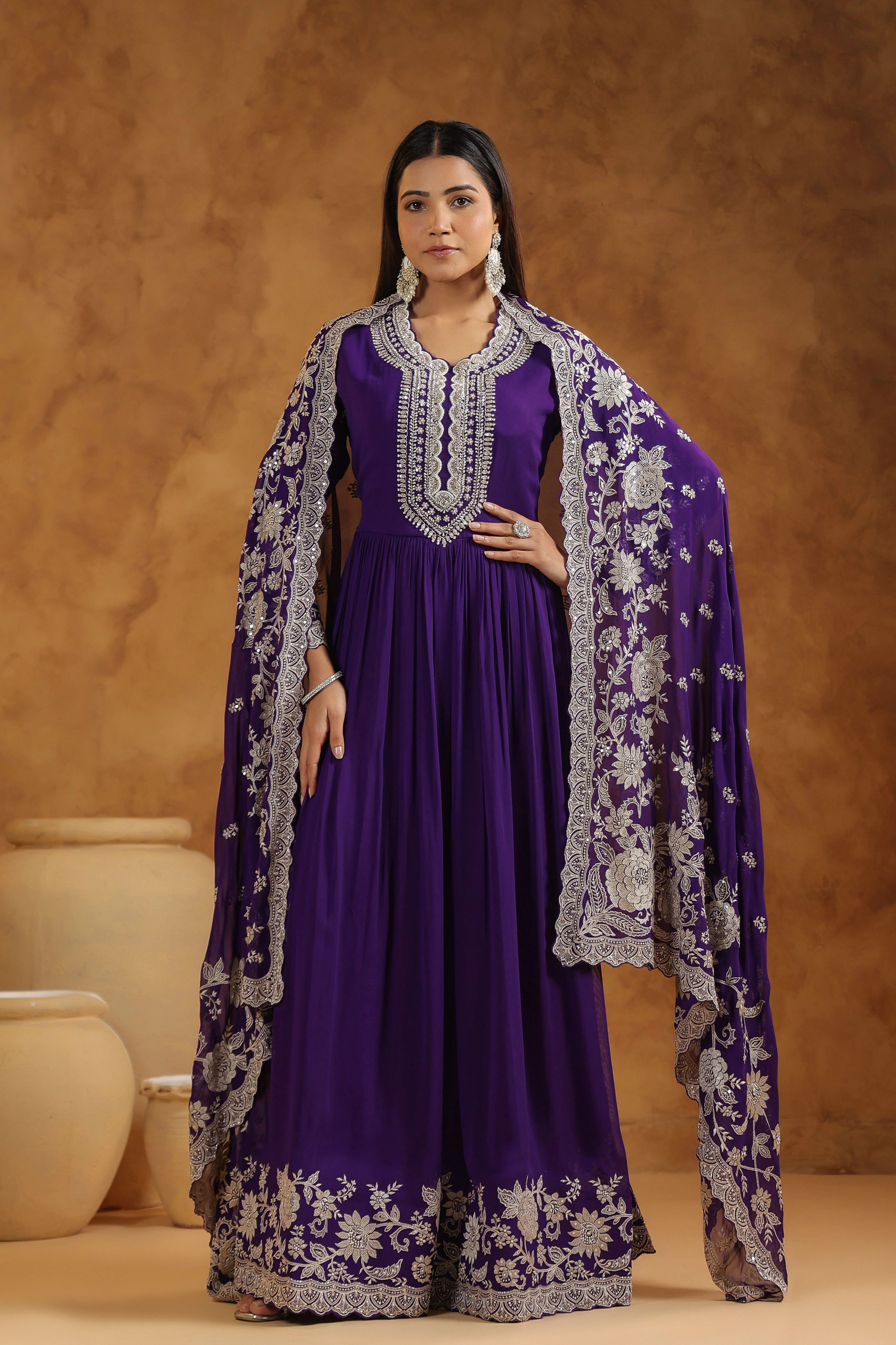 Royal Purple Embellished Georgette Silk Anarkali Set - Image 5