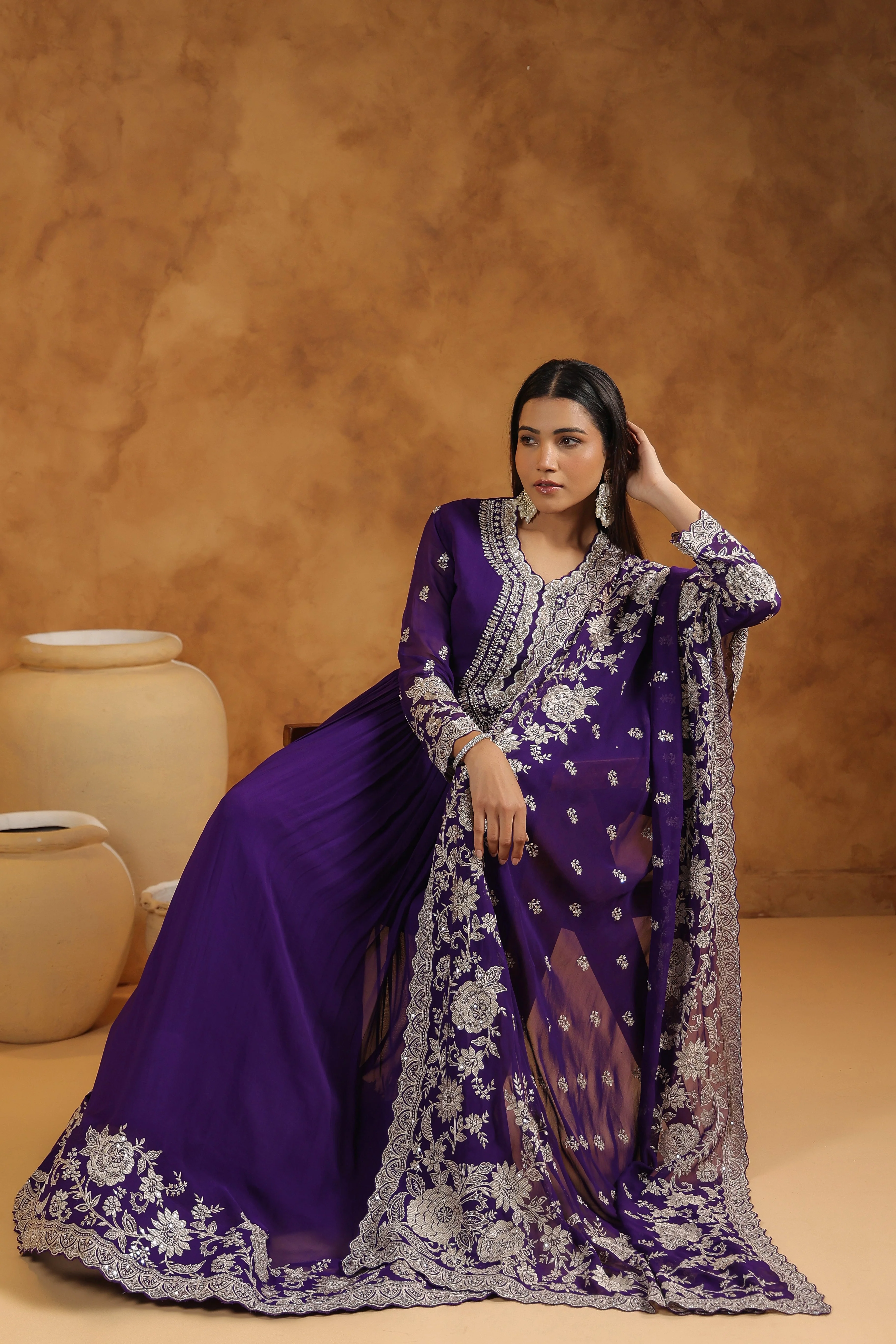 Royal Purple Embellished Georgette Silk Anarkali Set - Image 6