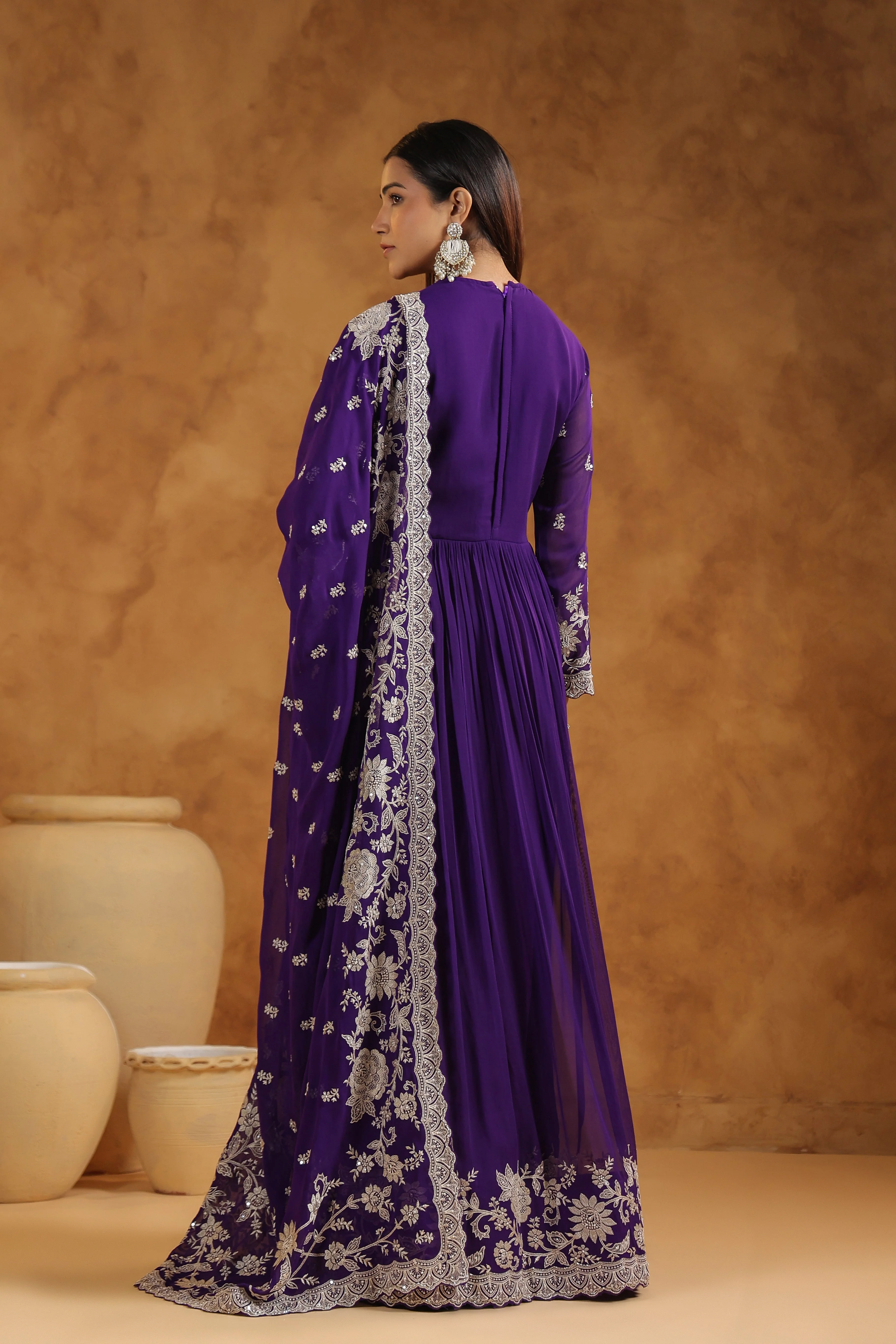Royal Purple Embellished Georgette Silk Anarkali Set - Image 7