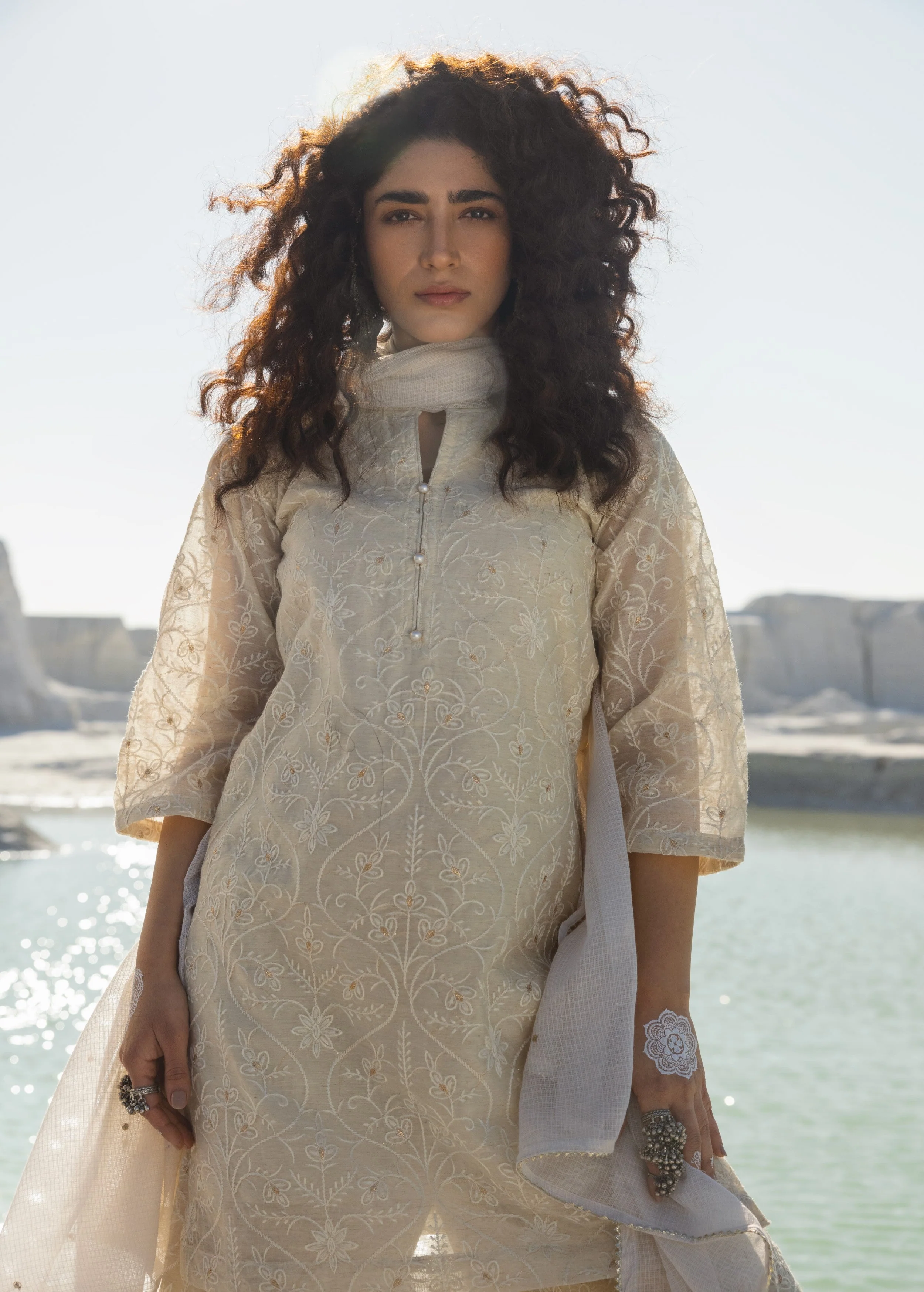 Off-White Embroidered Chanderi Silk Pant Set - Image 2