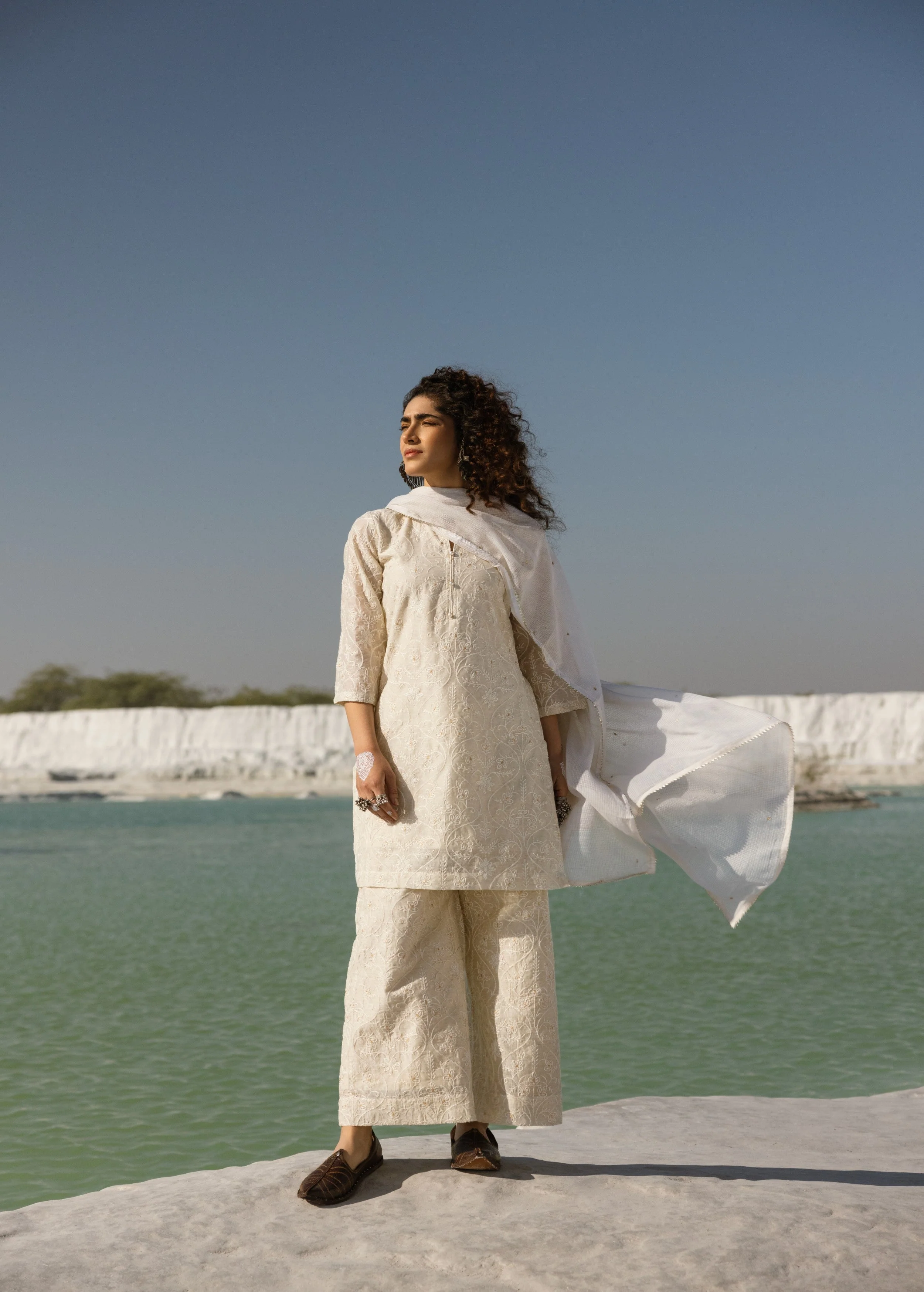 Off-White Embroidered Chanderi Silk Pant Set - Image 3