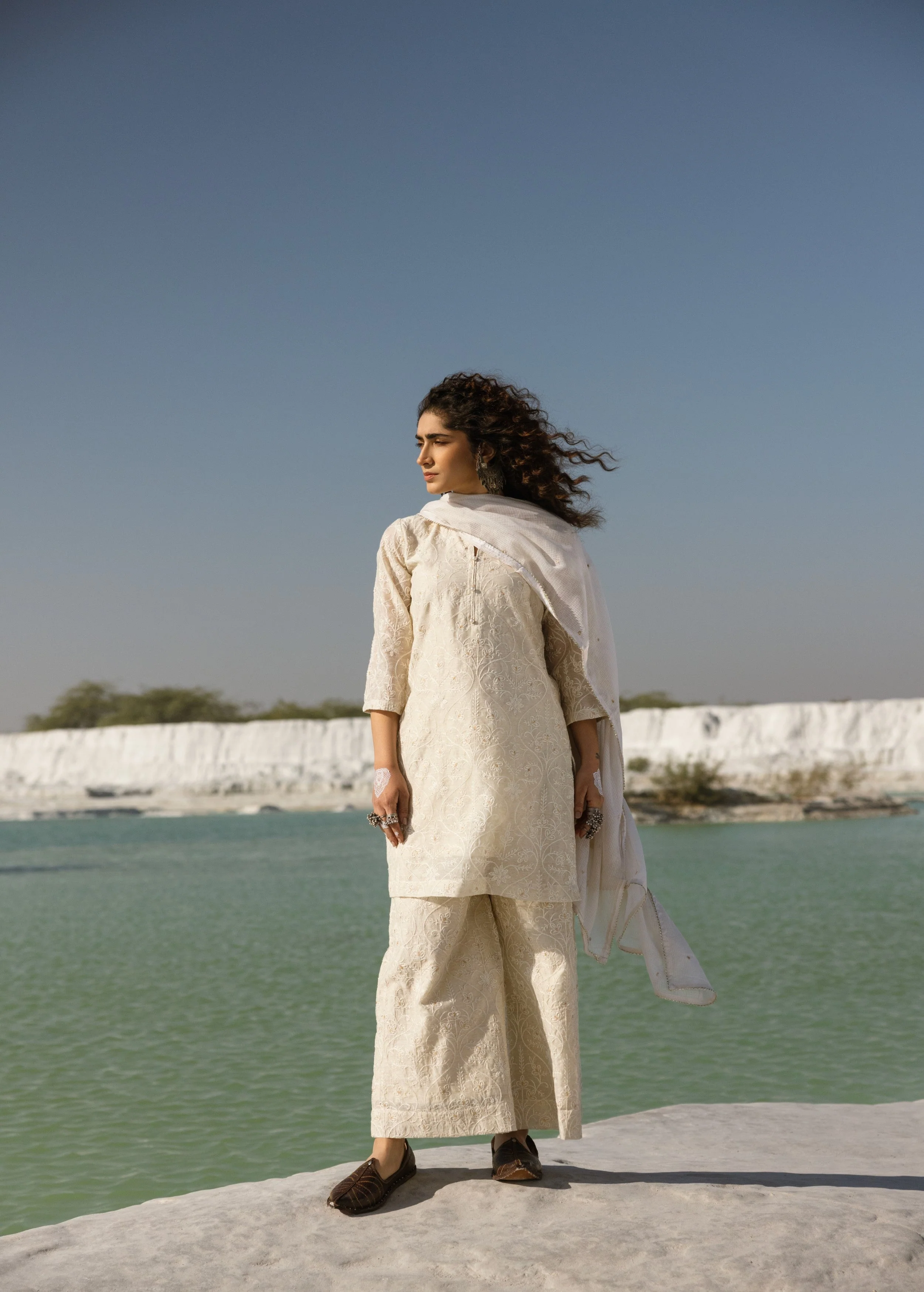 Off-White Embroidered Chanderi Silk Pant Set - Image 4