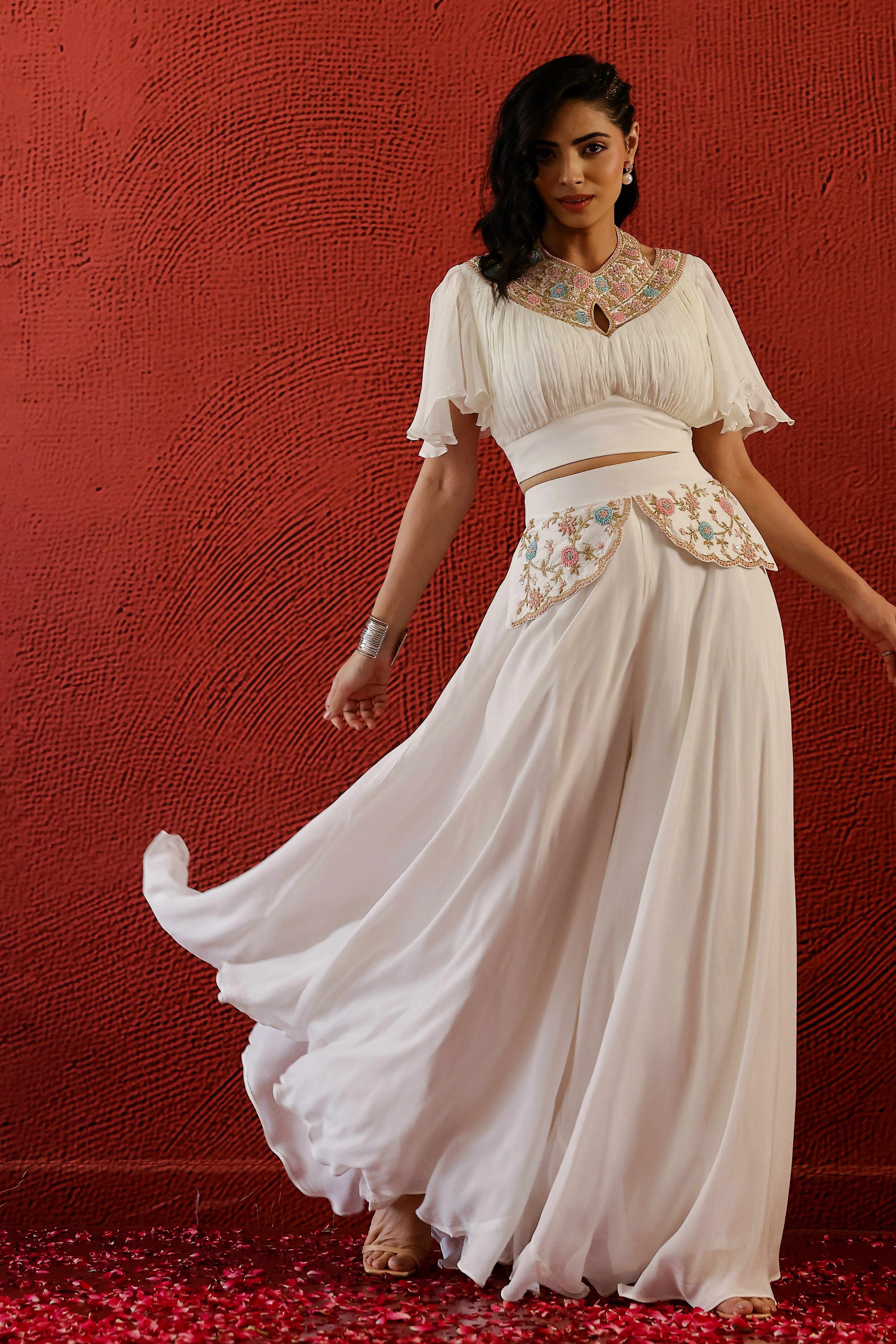 Off White Embroidered Chiffon Silk Palazzo Set - Image 3