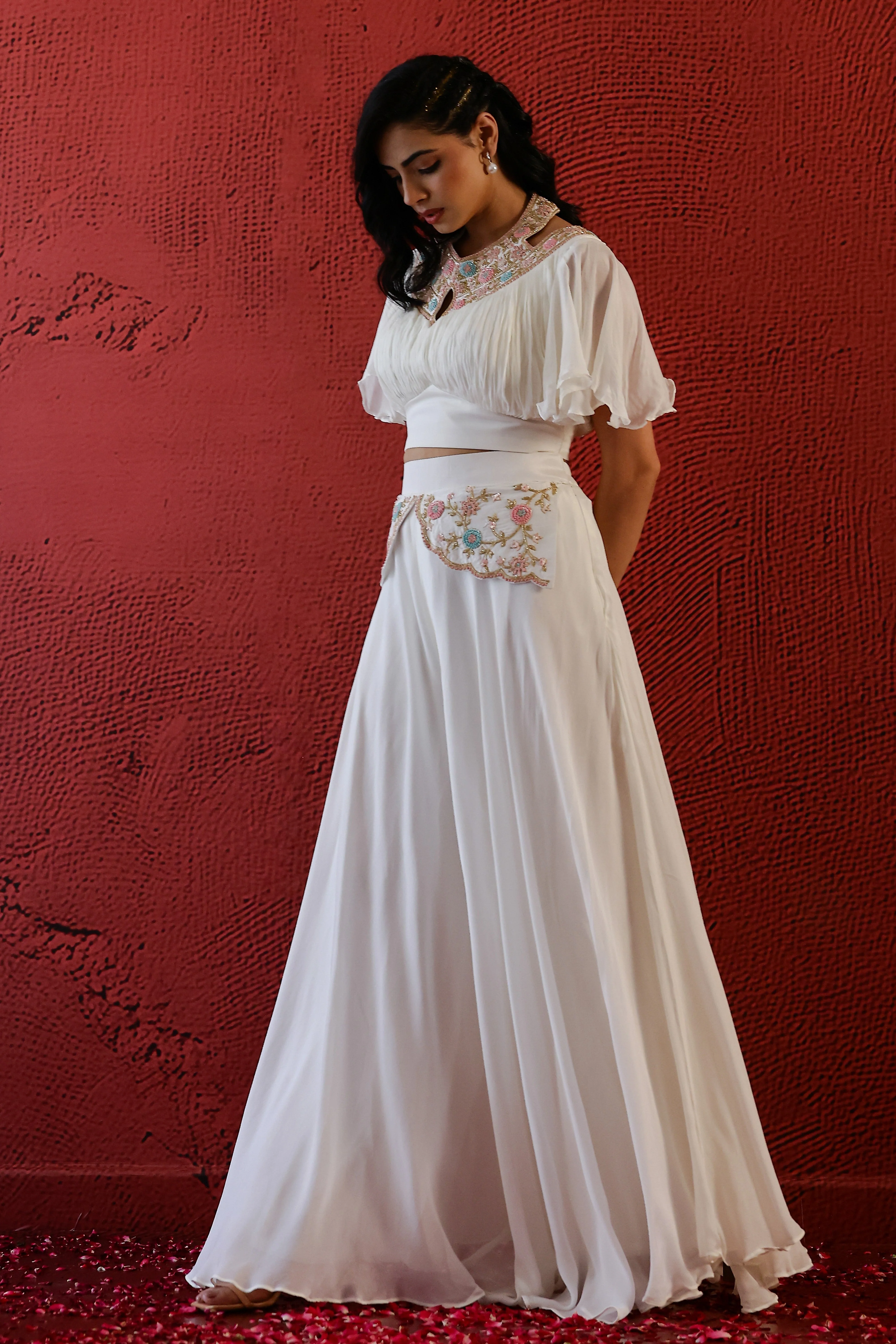 Off White Embroidered Chiffon Silk Palazzo Set - Image 4