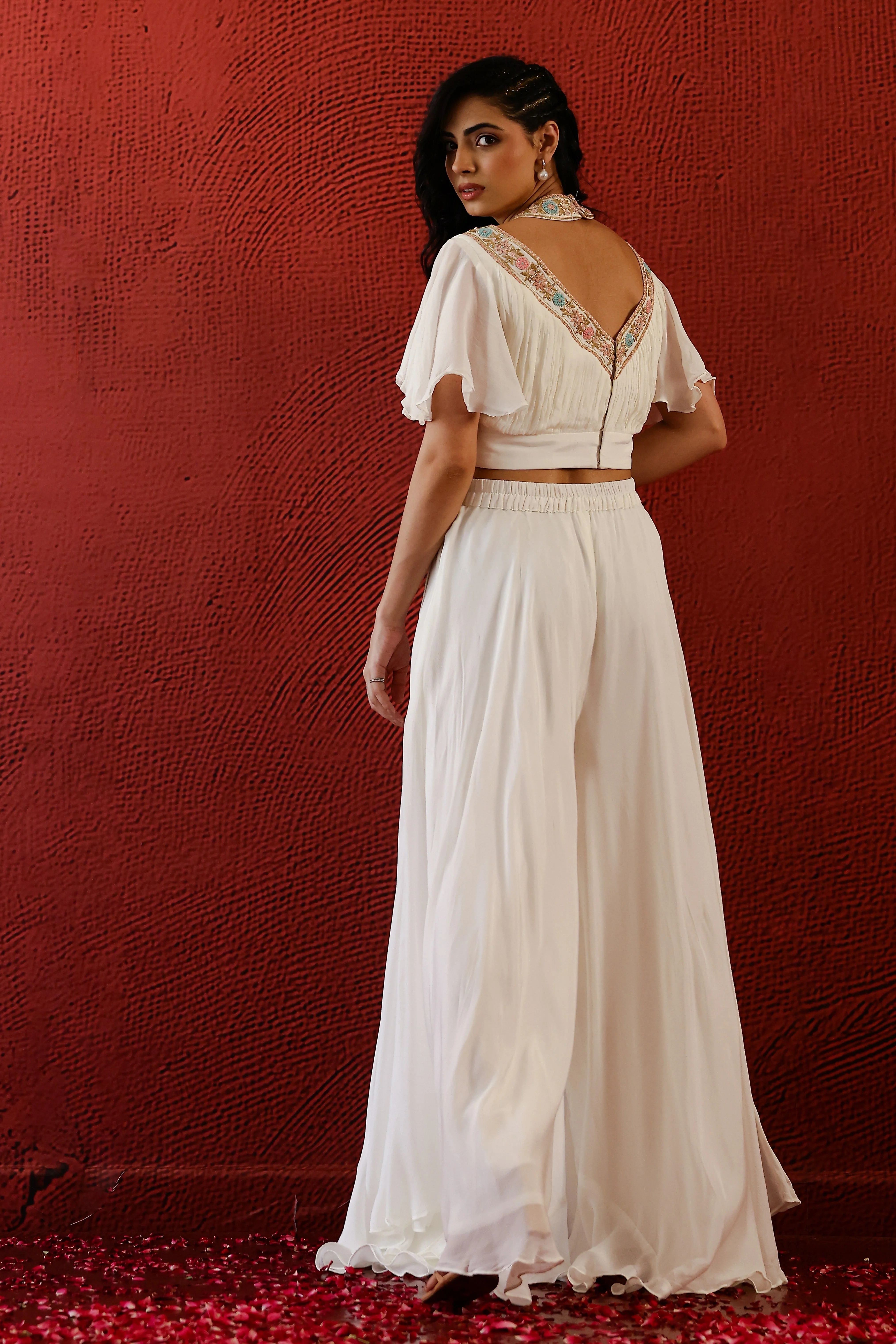 Off White Embroidered Chiffon Silk Palazzo Set - Image 5