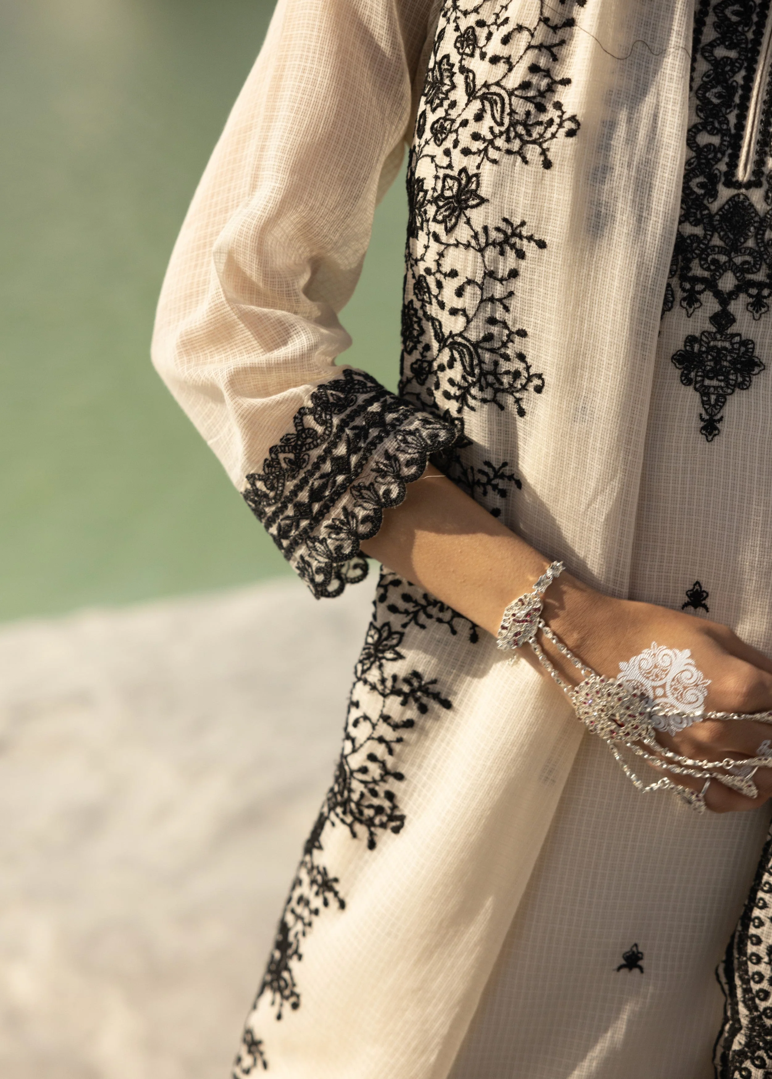 Off-White Embroidered Kota Doria Pant Set - Image 3