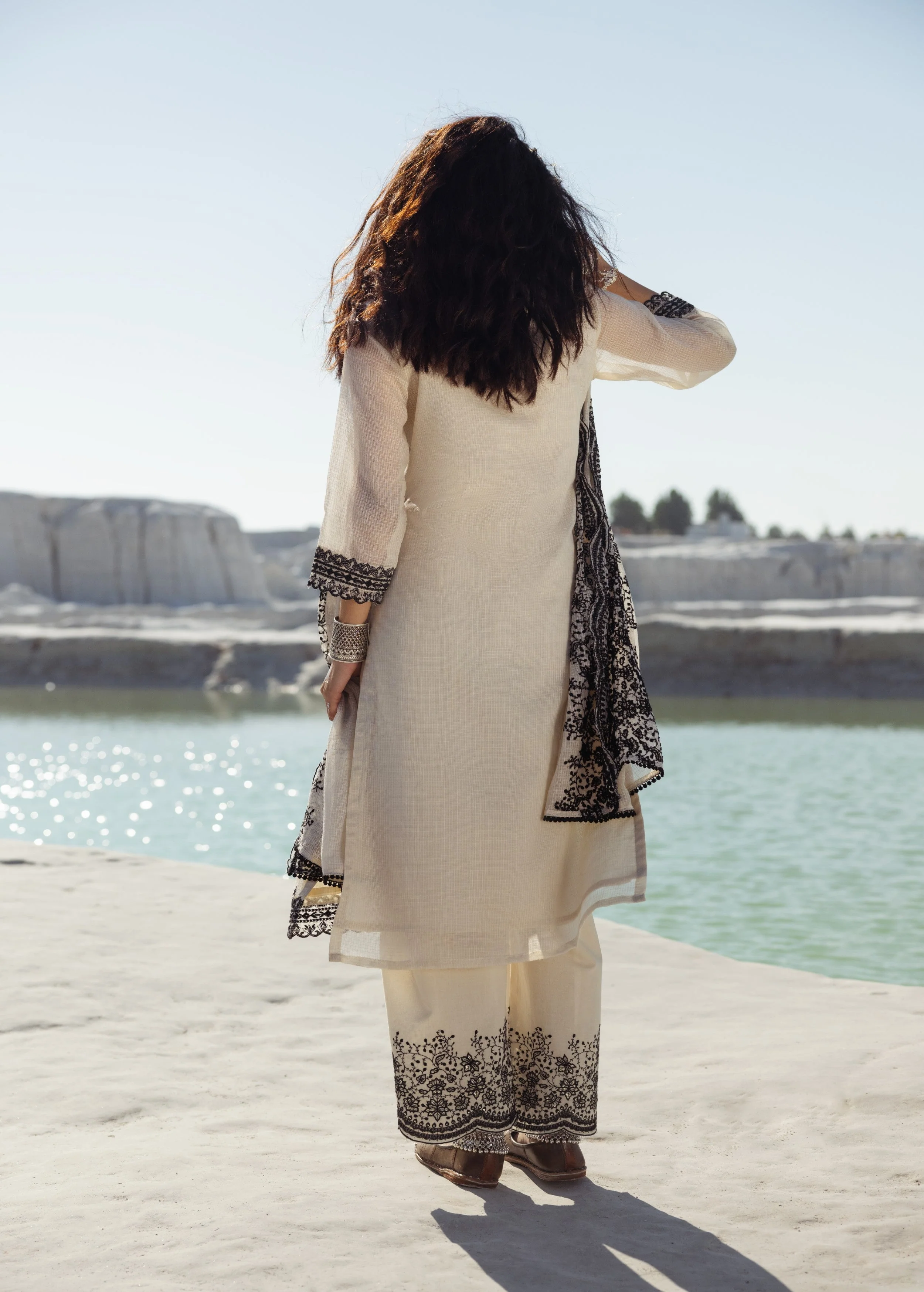 Off-White Embroidered Kota Doria Pant Set - Image 5